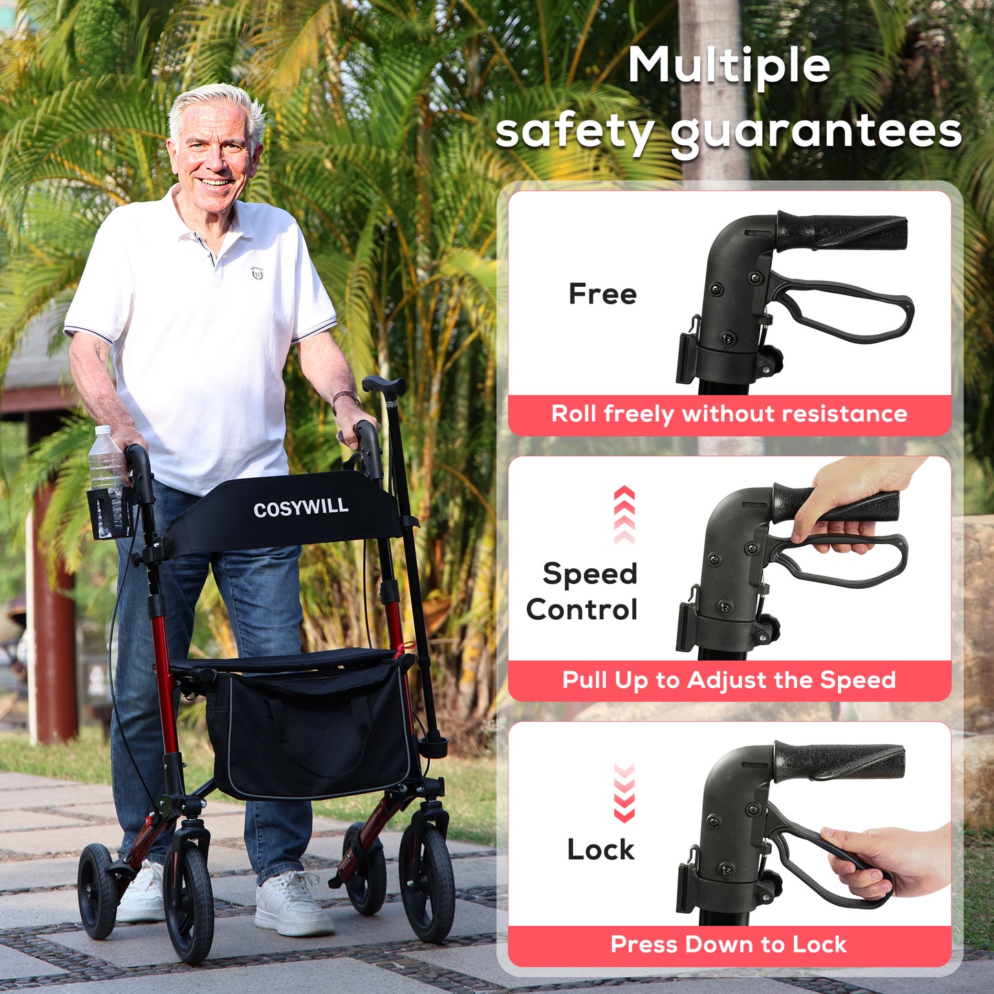 COSYWILL Walkers for Seniors,Foldable Rollator Walker with Seat,Mobility Walkers with 10" Big Wheels, Adjustable Handles and Backrest Height,Light Red