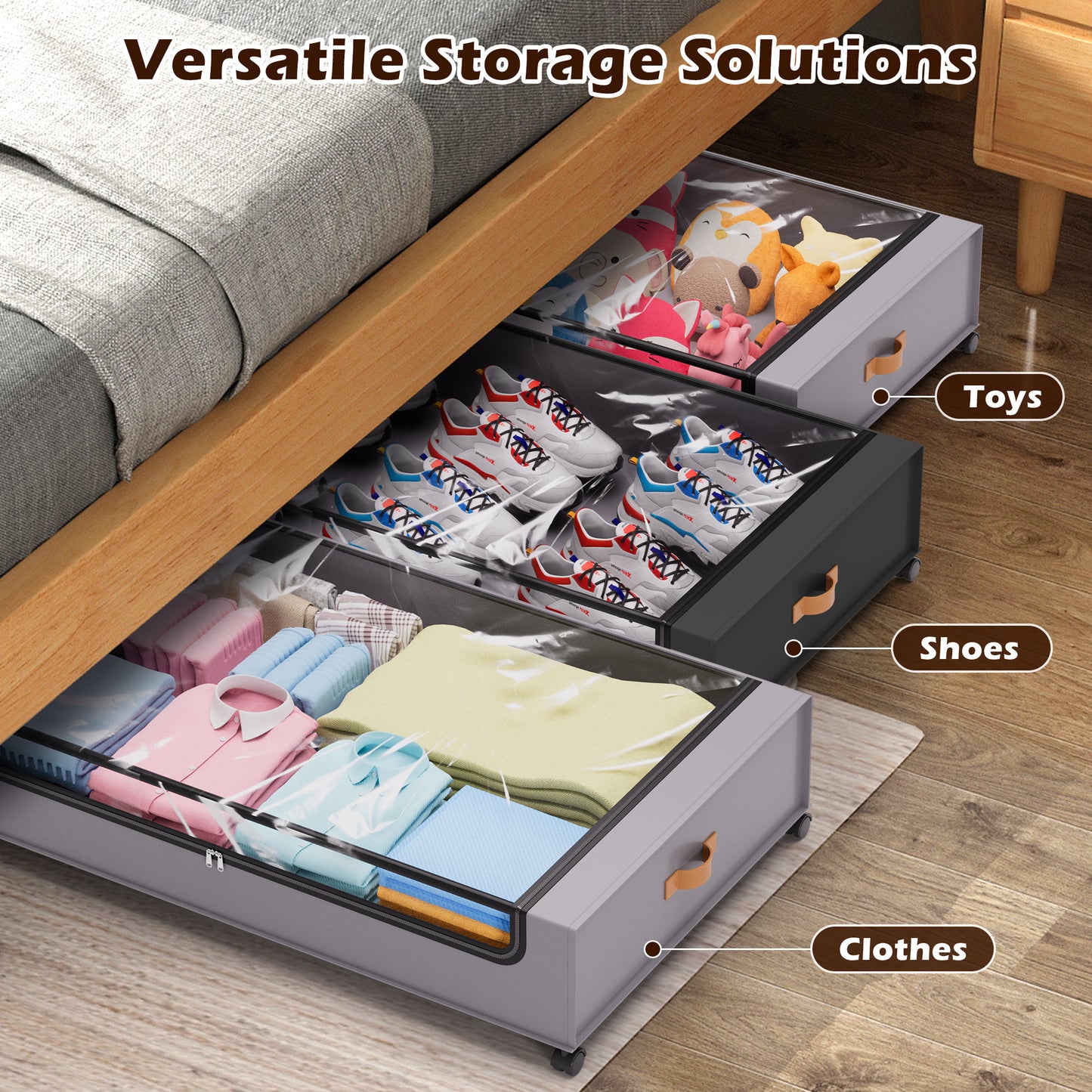 YOUPINS 2 Pack Rolling Under Bed Storage Containers Bin with Wheels, Gray