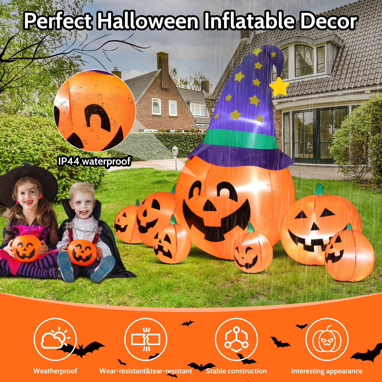 IZNEN 8ft Halloween Inflatable Blow Up Pumpkin Decoration, 7 Pumpkins with Witches Hat, Built-in LED Lights for Halloween Holiday, Yard, Garden, Lawn