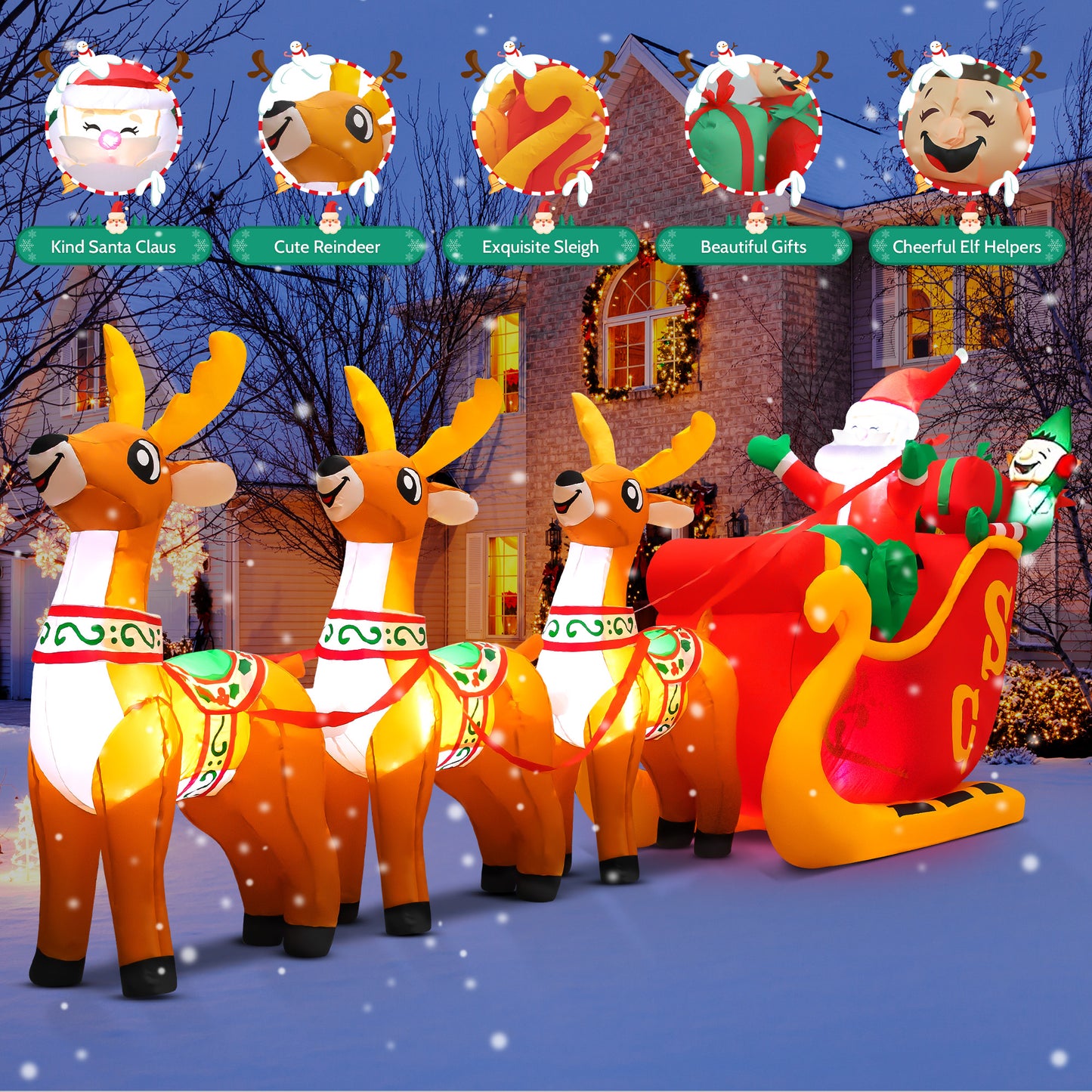IZNEN 10ft Christmas Inflatable Santa Claus On Sleigh With 3 Reindeer Outdoor Lights Decor for Holiday Decor,Xmas Party,Yard,Garden and Lawn