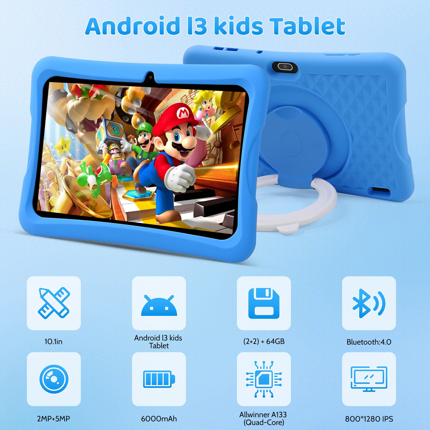 TEAYINGDE Kids Tablet 10.1" Android 13 Tablet with WiFi 64GB Tablet for Ages 3–8 Kids Tablet with Silicone Case Google Play Parental Control APP (Blue)