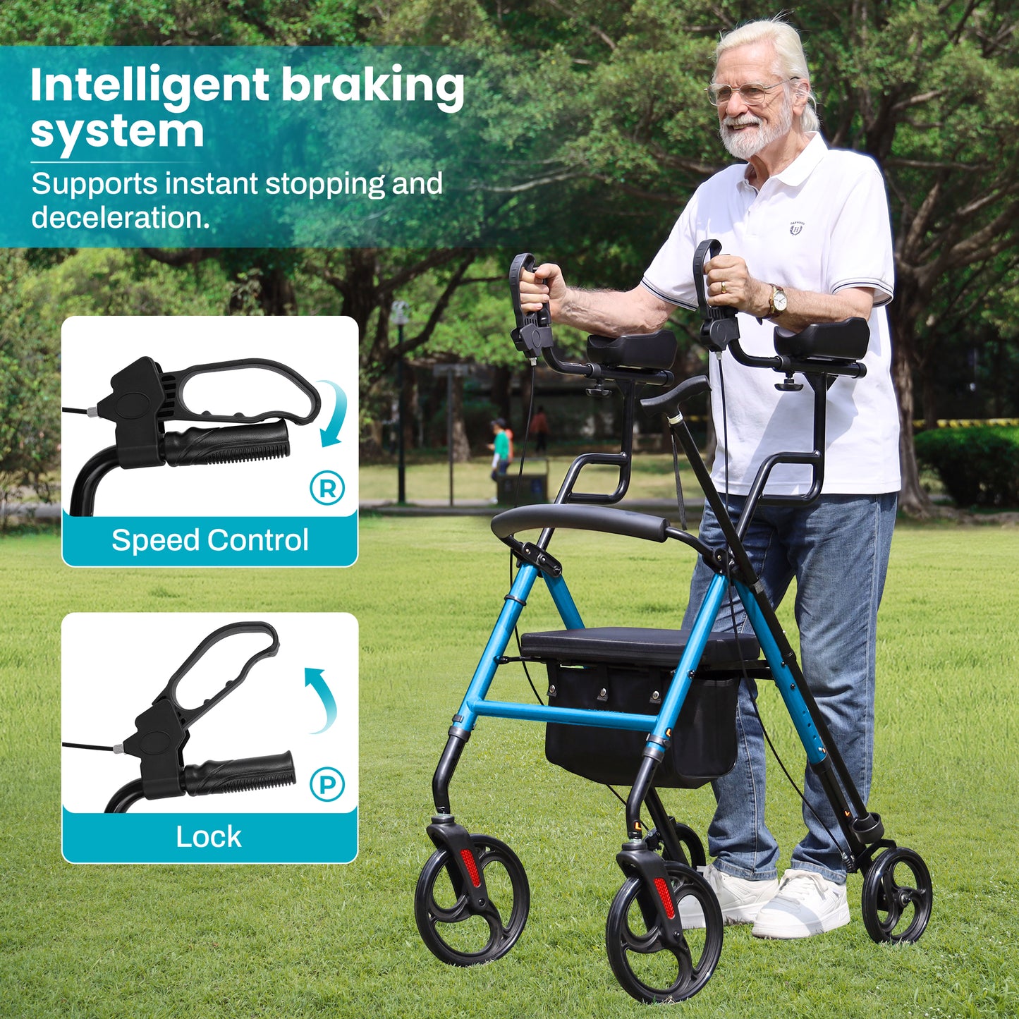 COSYWILL Upright Rollator Walker,Stand Up Walkers for Seniors and Adults with Backrest Seat,Lightweight and Folding Design,Blue