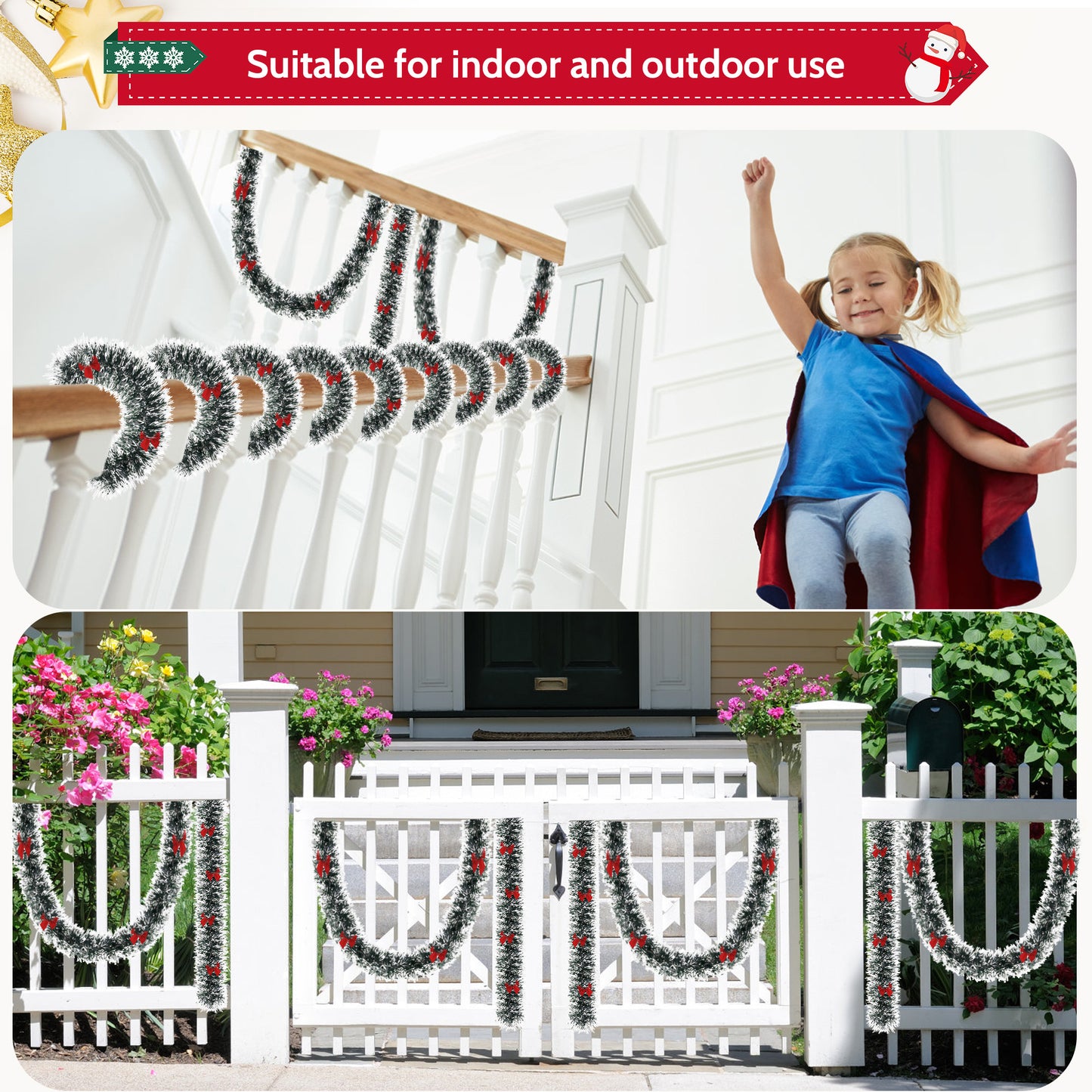 IZNEN Christmas Garland,Christmas Tinsel Garland with 38 Red Bows,Garland Christmas Decorations for Outdoor、Indoor、Holiday Party,Black & White