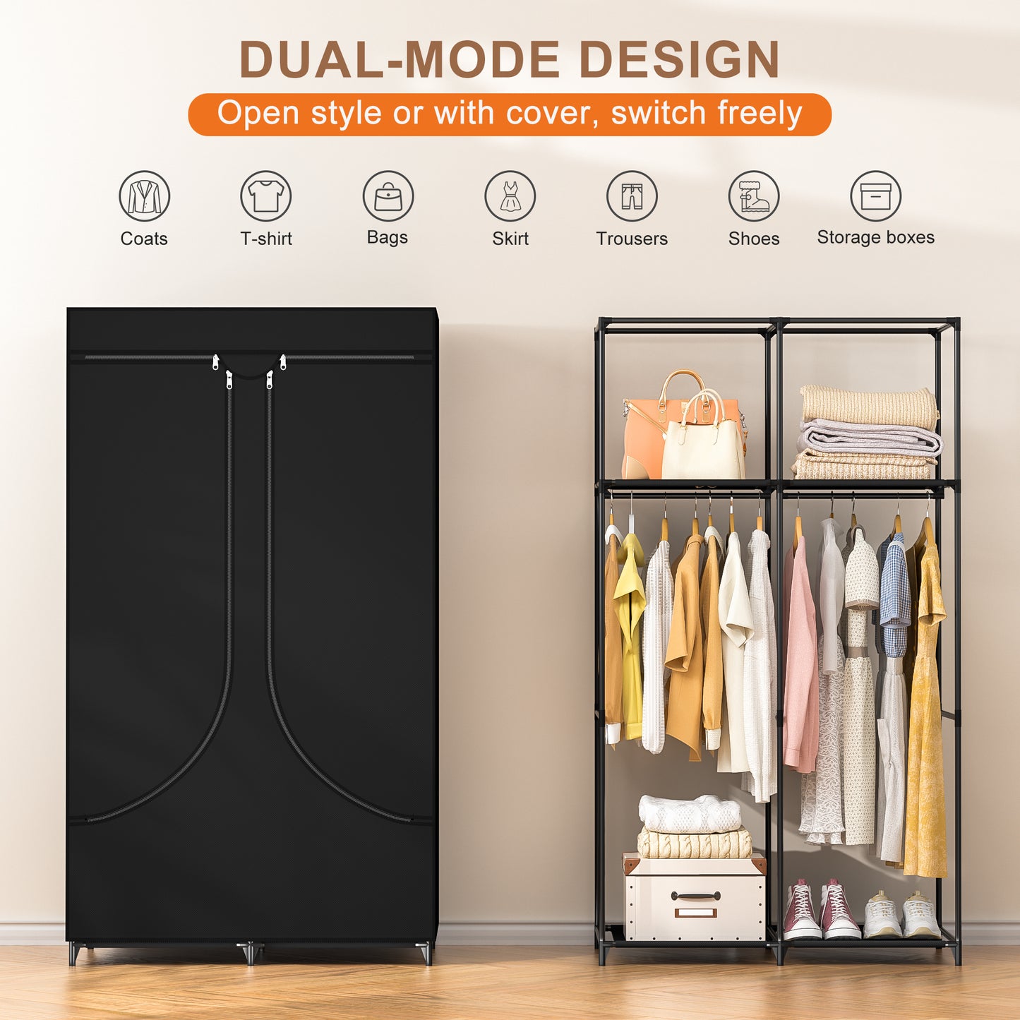 YOUPINS Clothes Organizer with Hanging Rod, Portable Closet with Cover Clothes Rack Sturdy Fabric Wardrobe Organizer,Dark Gary