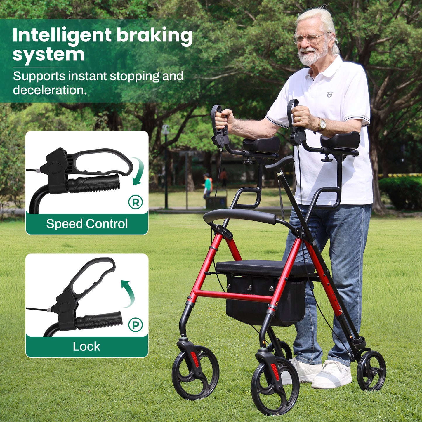 COSYWILL Upright Rollator Walker,Stand Up Walkers for Seniors and Adults with Backrest Seat,Lightweight and Folding Design,Red