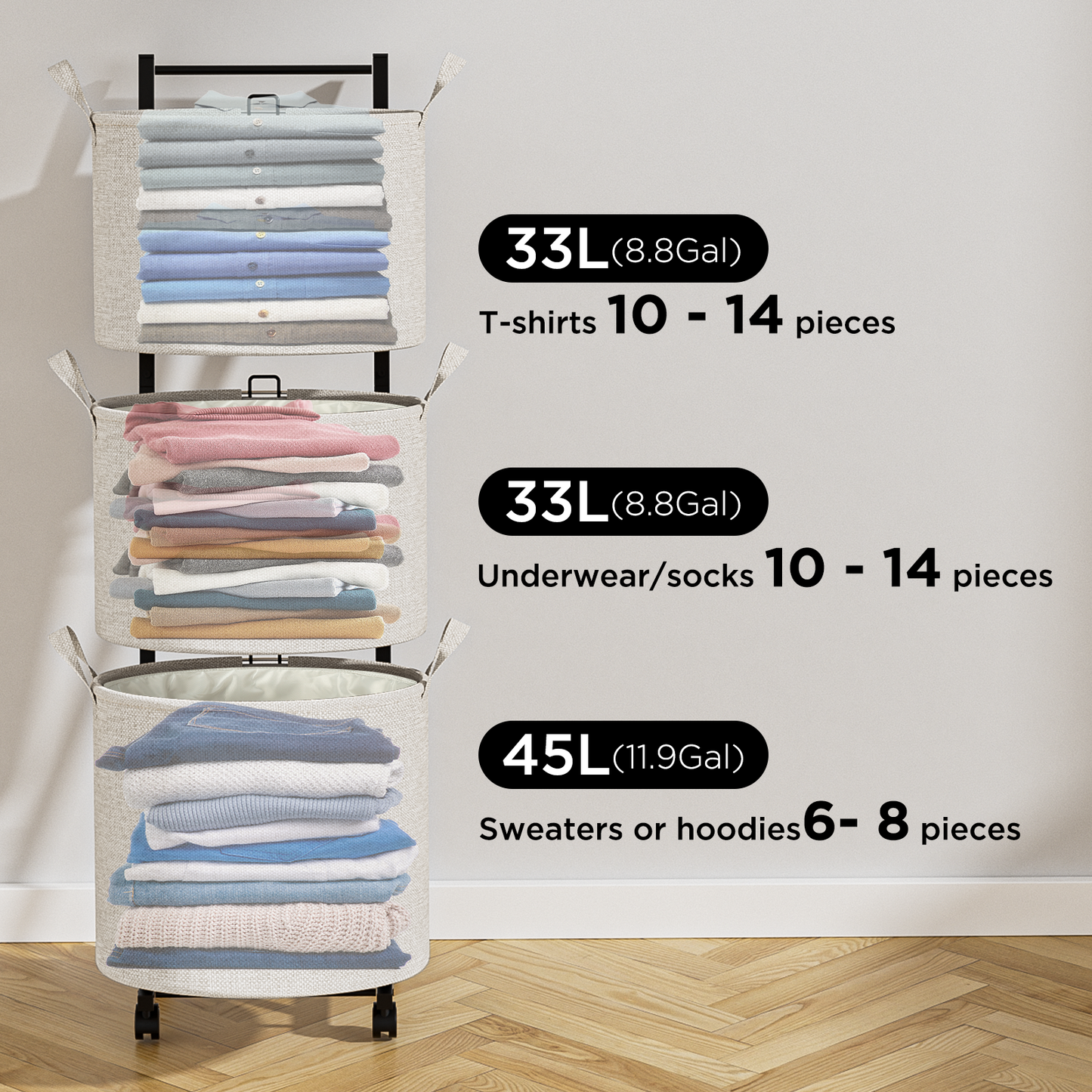 YOUPIS 3-Tier 111L Laundry Hamper Sorter,Laundry Storage Organizer with Wheels Removable Rolling Laundry Baskets for Bathroom, Dorm, Laundry Room,Beige