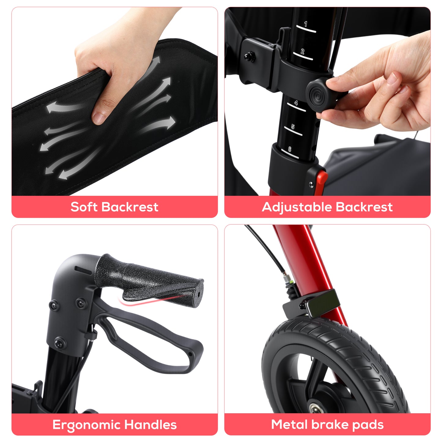 COSYWILL Rollator Walkers with Seat for Seniors, Foldable 10" Big Wheels All Terrain Rolling Walker,Adjustable Handles, Mobility Walker for Seniors,Light Red