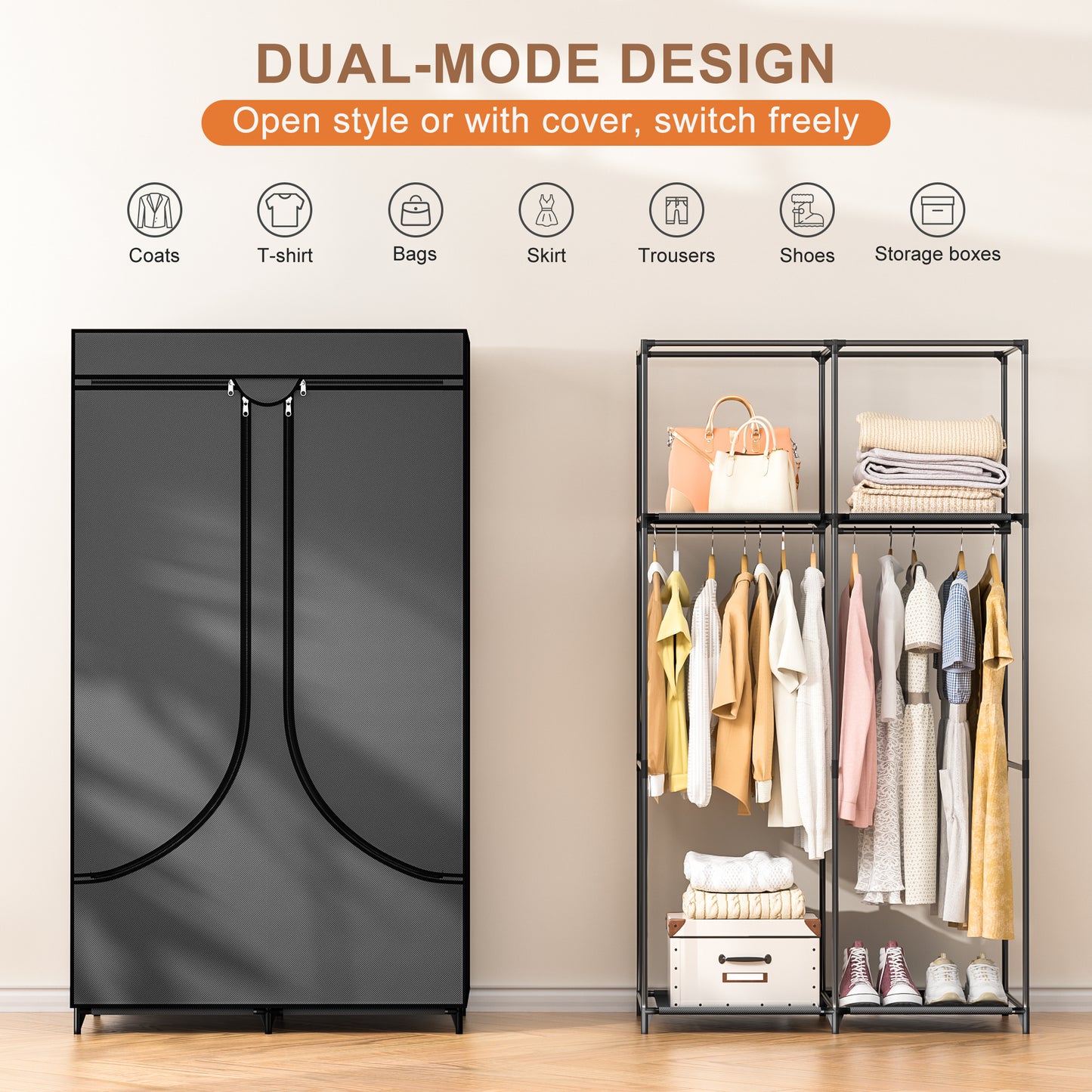 YOUPINS Clothes Organizer with Hanging Rod, Portable Closet with Cover Clothes Rack Sturdy Fabric Wardrobe Organizer,Dark Gary