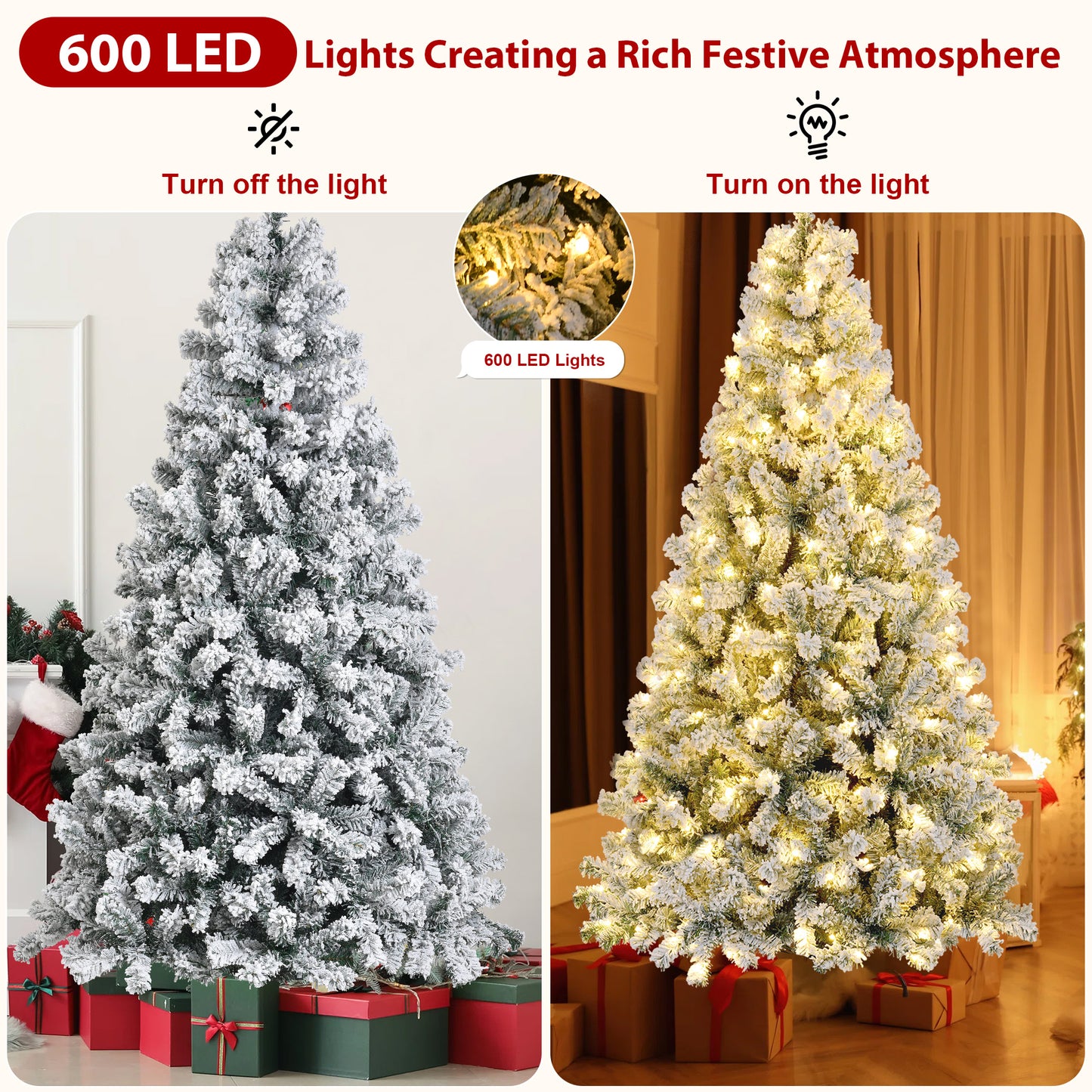 IZNEN 9ft Pre-Lit Snowflake Flocked Christmas Tree,8 Modes LED Lights,Artificial Xmas Tree with Storage Bag