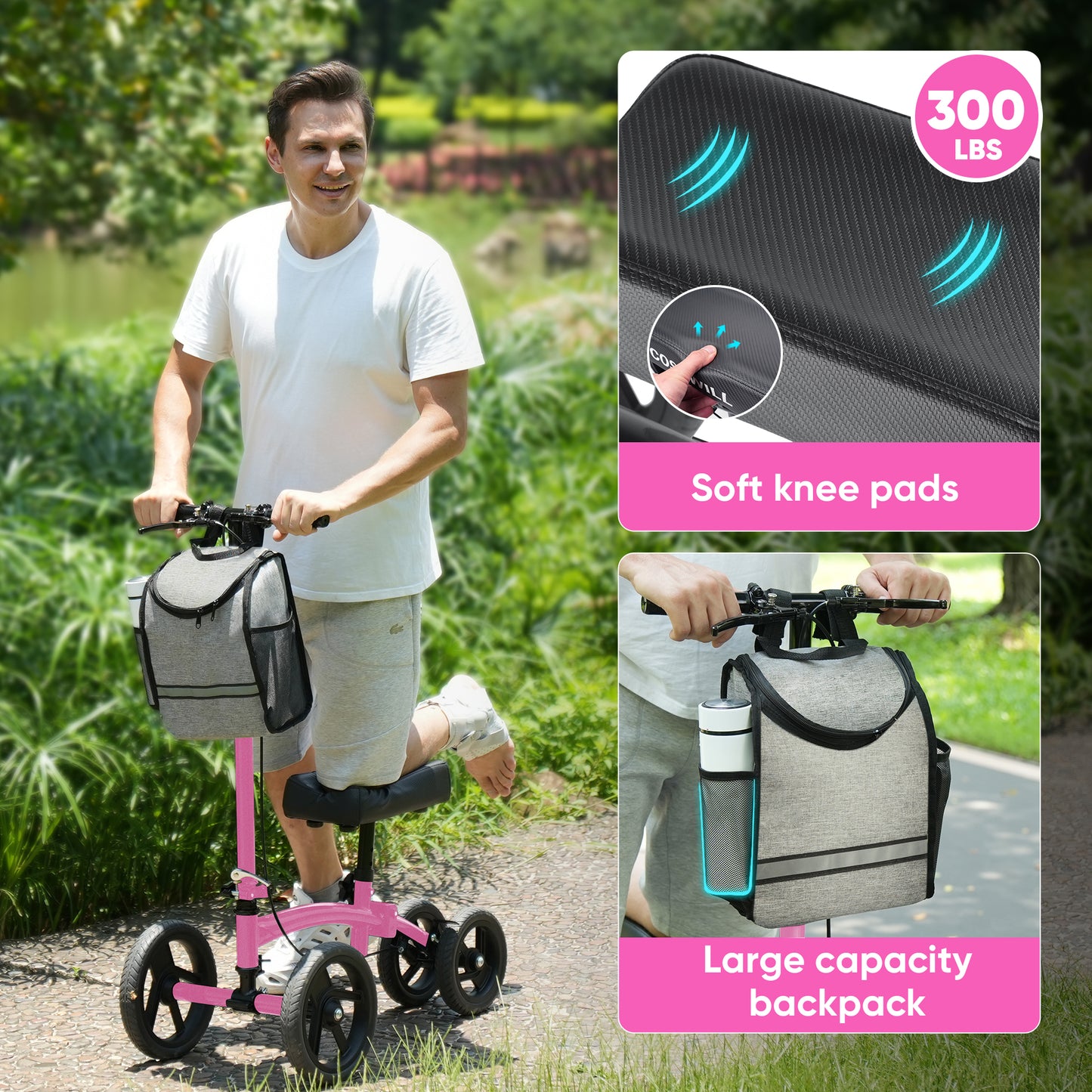 COSYWILL Steerable Knee Scooter,Economy Knee Walker,All Terrain Foldable Medical Scooter for Foot Injuries Crutches Alternative,Pink
