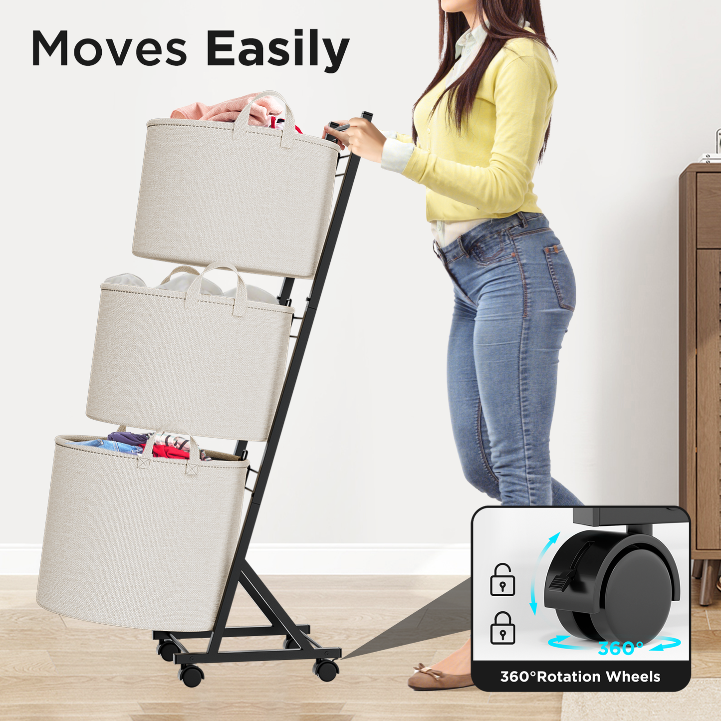 YOUPIS 3-Tier 111L Laundry Hamper Sorter,Laundry Storage Organizer with Wheels Removable Rolling Laundry Baskets for Bathroom, Dorm, Laundry Room,Beige