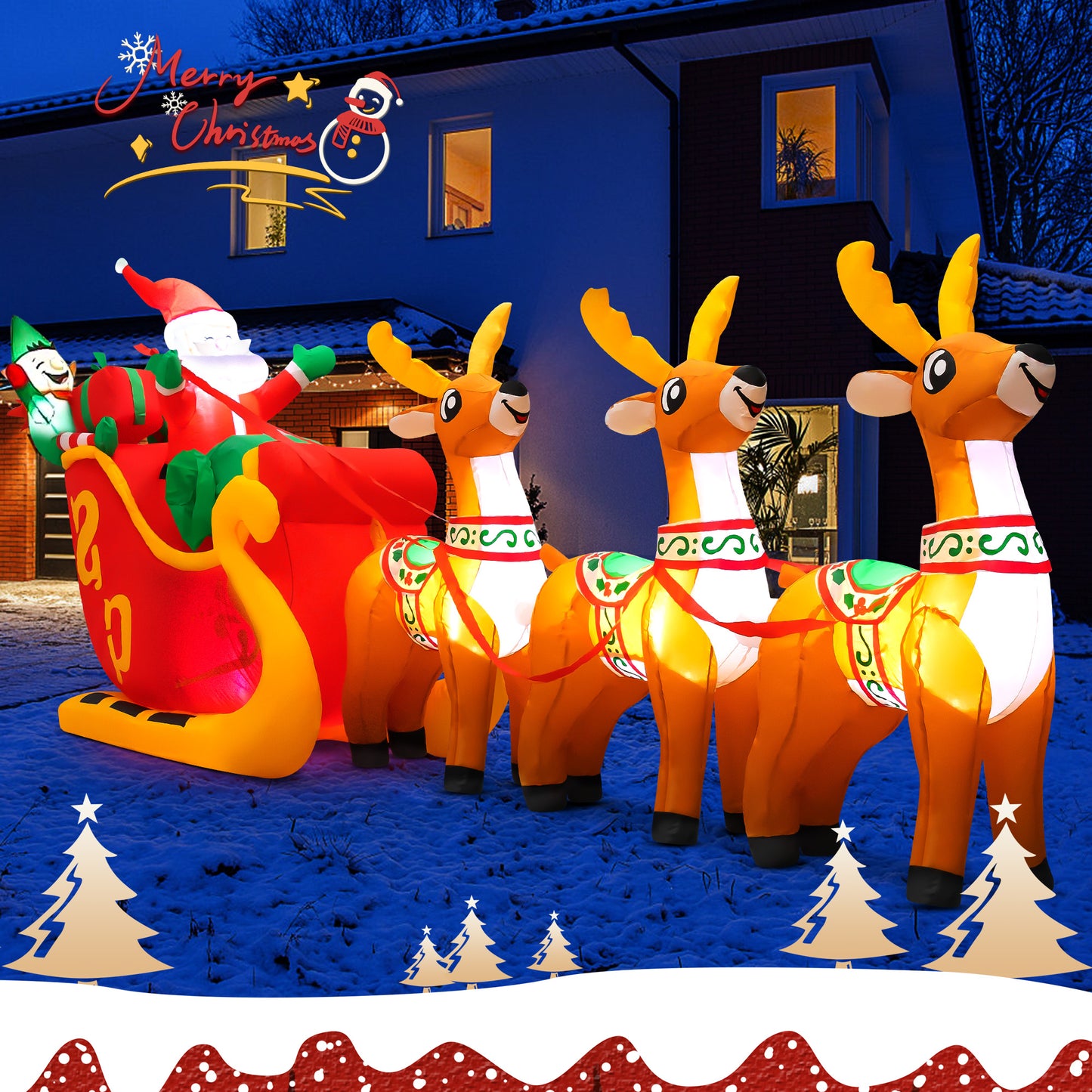 IZNEN 10ft Christmas Inflatable Santa Claus On Sleigh With 3 Reindeer Outdoor Lights Decor for Holiday Decor,Xmas Party,Yard,Garden and Lawn