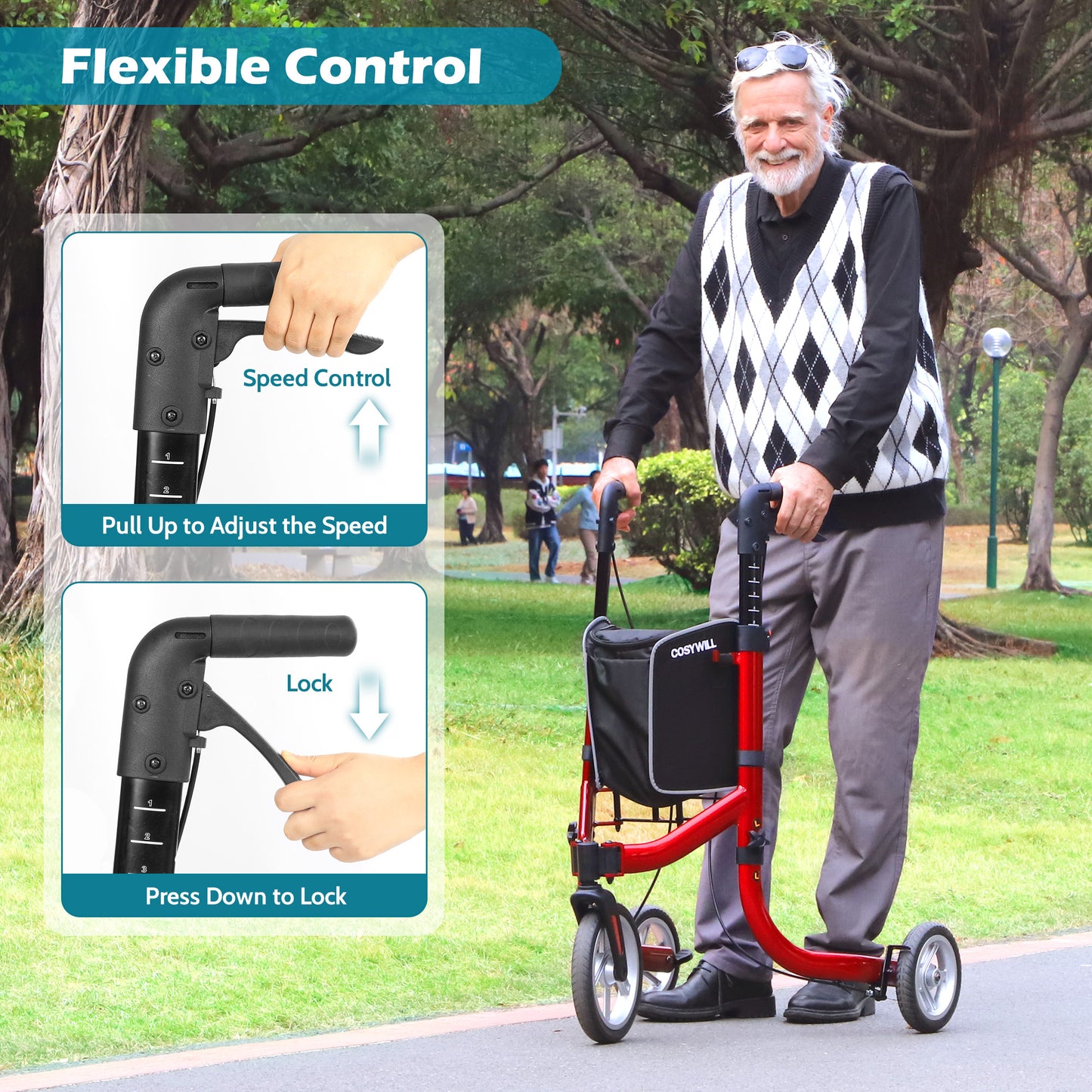 COSYWILL 3 Wheel Rollator Walkers for Seniors,Ultra Lightweight Foldable Walker for Elderly with Storage Bag, 10" Three Wheel Modern Mobility Walking Aid Aluminum,Red