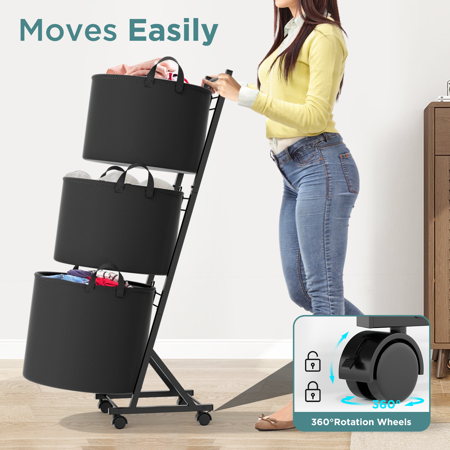 YOUPIS 3-Tier 111L Laundry Hamper Sorter,Laundry Storage Organizer with Wheels Removable Rolling Laundry Baskets for Bathroom, Dorm, Laundry Room,Beige
