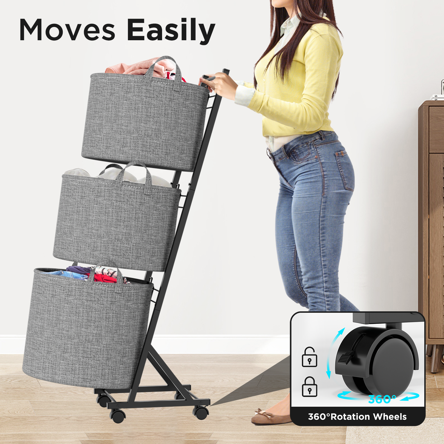 YOUPIS 3-Tier 111L Laundry Hamper Sorter,Laundry Storage Organizer with Wheels Removable Rolling Laundry Baskets for Bathroom, Dorm, Laundry Room,Beige