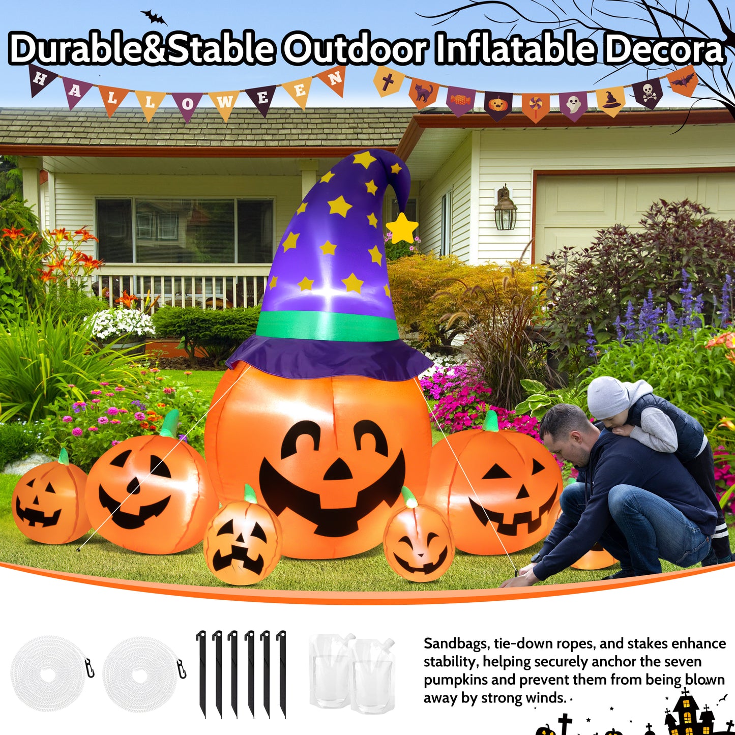 IZNEN 8ft Halloween Inflatable Blow Up Pumpkin Decoration, 7 Pumpkins with Witches Hat, Built-in LED Lights for Halloween Holiday, Yard, Garden, Lawn