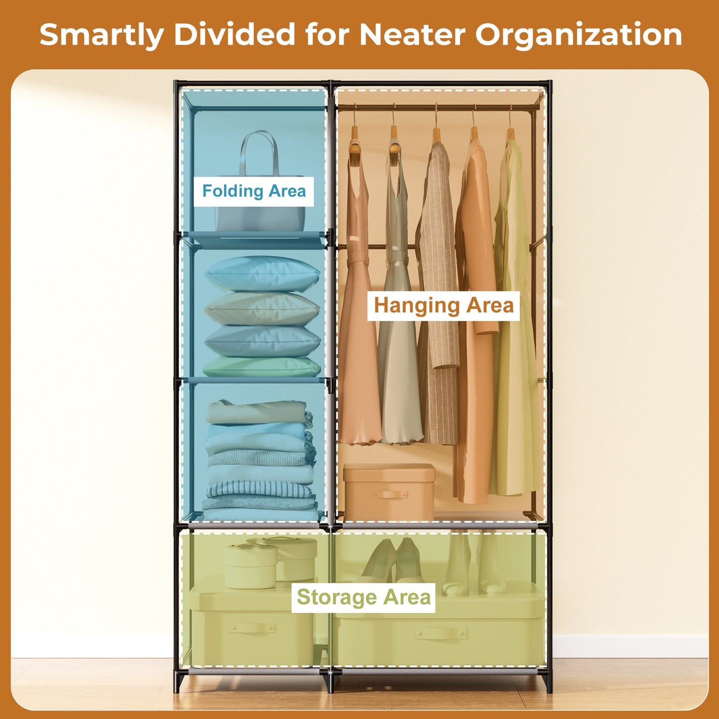 YOUPINS Portable Clothes Organizer with Hanging Rod, Portable Closet Non-Woven Fabric,Black