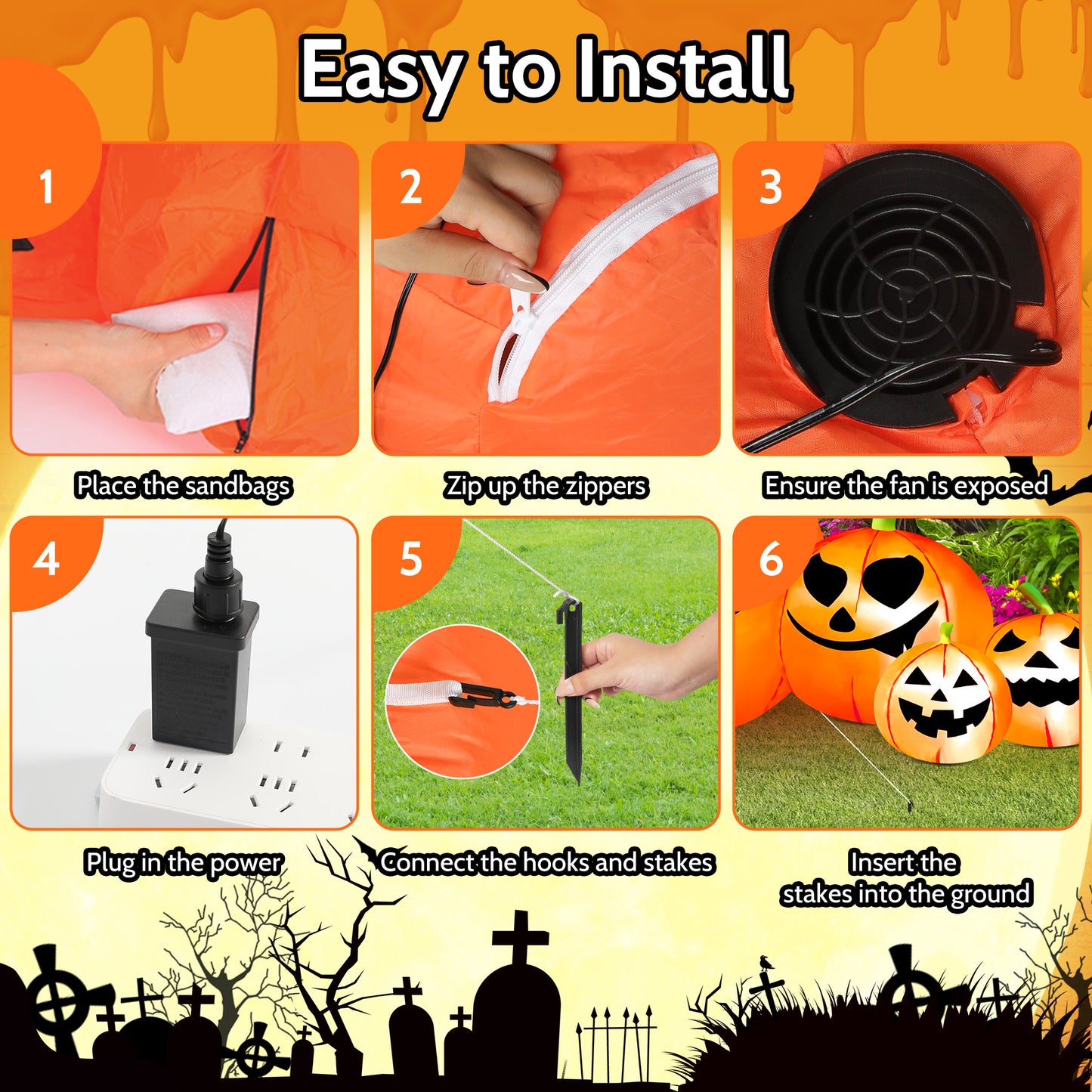 IZNEN 8.1ft Halloween Inflatable Blow Up Pumpkin Decoration,7 Glitter Pumpkins with Black Cat,Built-in LED Lights for Halloween Holiday,Yard,Garden,Lawn
