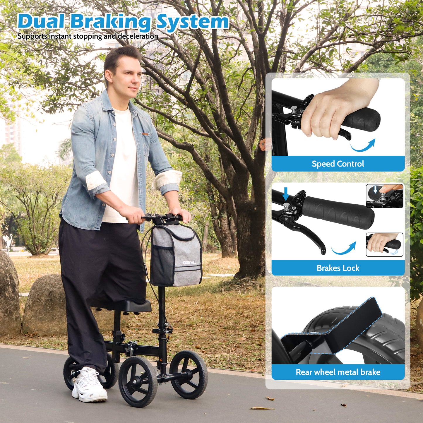 COSYWILL Steerable Knee Scooter,Knee Walker Scooter for Adults with 10" Front Wheels,Foldable Knee Scooter for Foot Surgery Crutches Alternative,Black