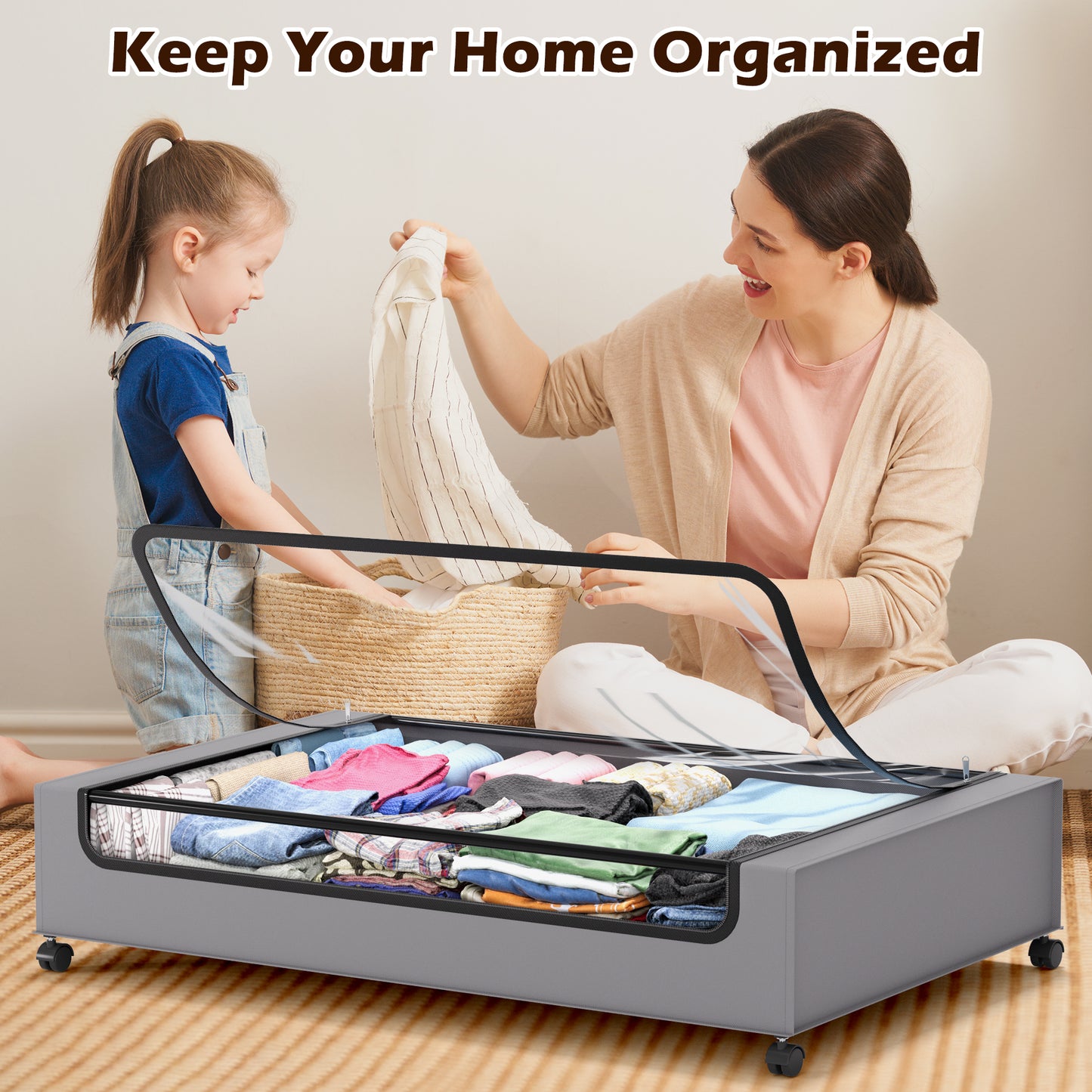 YOUPINS 2 Pack Rolling Under Bed Storage Containers Bin with Wheels, Gray