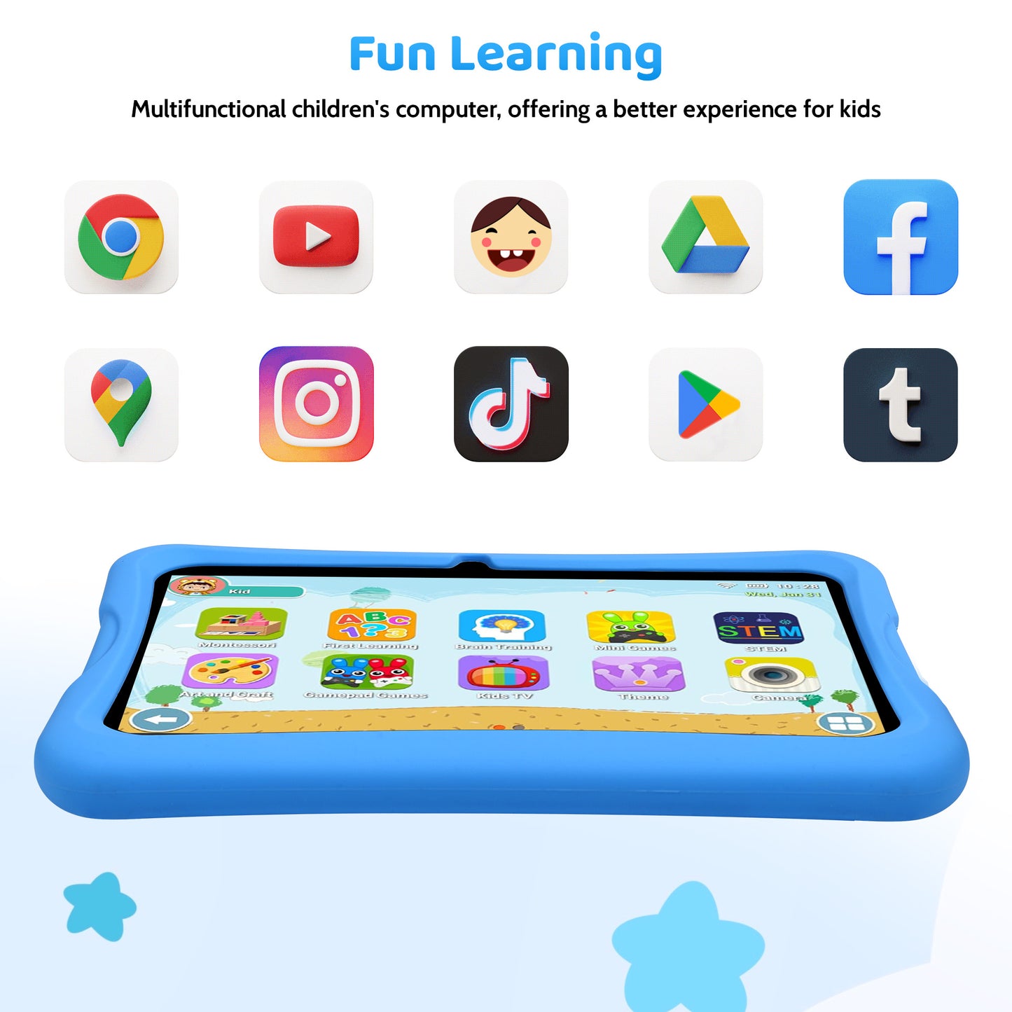 TEAYINGDE Kids Tablet 10.1" Android 13 Tablet with WiFi 64GB Tablet for Ages 3–8 Kids Tablet with Silicone Case Google Play Parental Control APP (Blue)