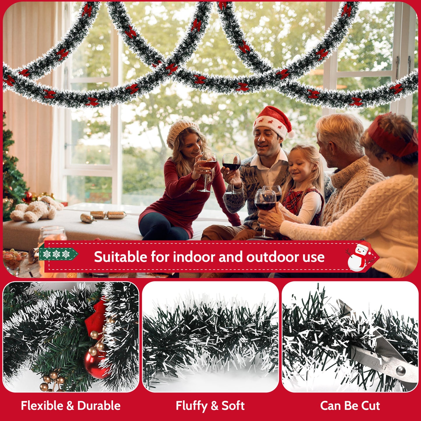 IZNEN Christmas Garland,Christmas Tinsel Garland with 38 Red Bows,Garland Christmas Decorations for Outdoor、Indoor、Holiday Party,Black & White