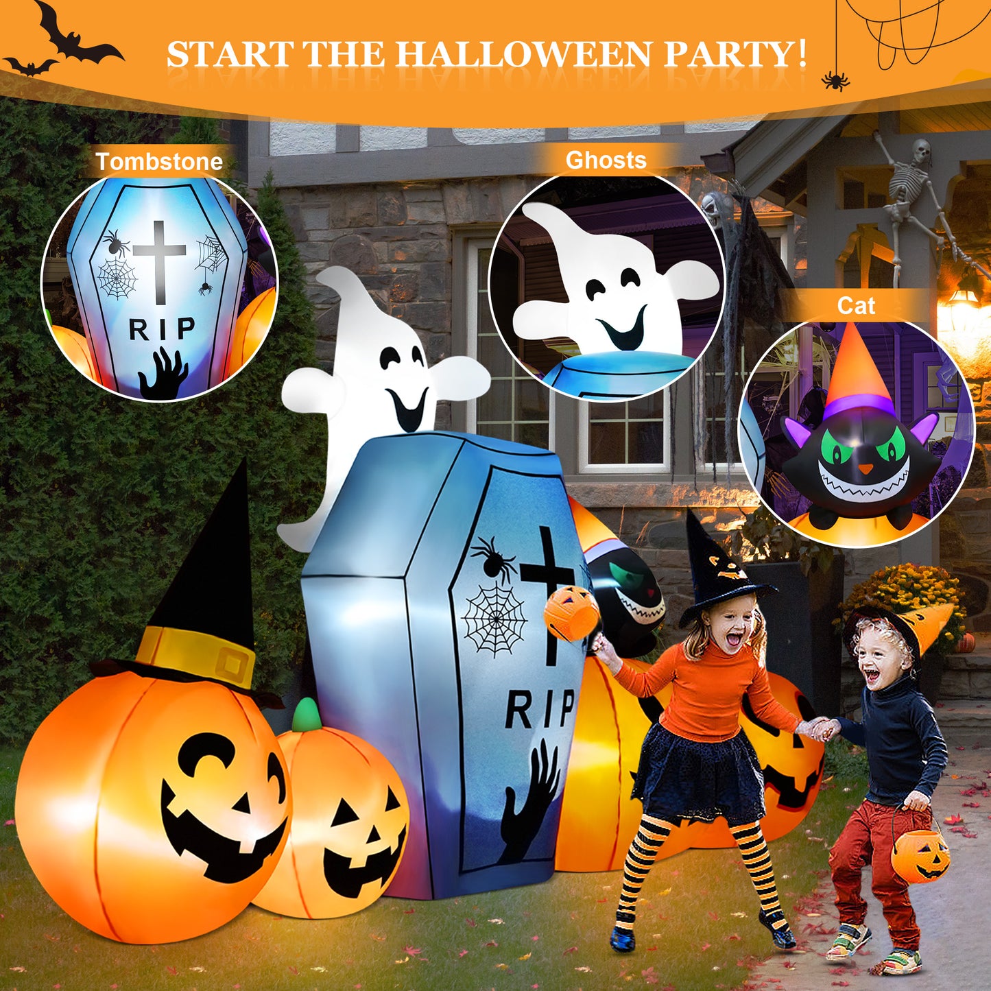 IZNEN 9.5ft Halloween Inflatable Pumpkins Outdoor Decor with Black Cat Tombstone and Spectre,Built-in LED Lights,for Halloween Party,Yard,Garden,Lawn