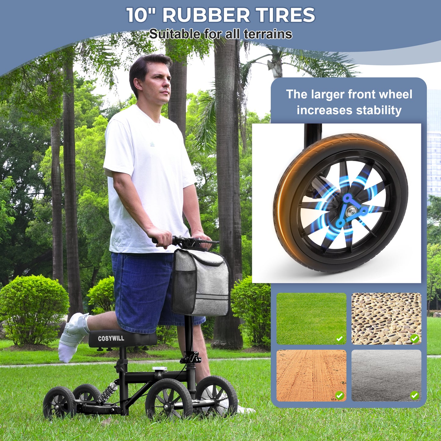 COSYWILL All Terrain Knee Scooter,Knee Walker Scooter for Foot Injuries,Adults Roller Scooter for with 10“ TPU Wheel,Compact Crutches Alternative,Black