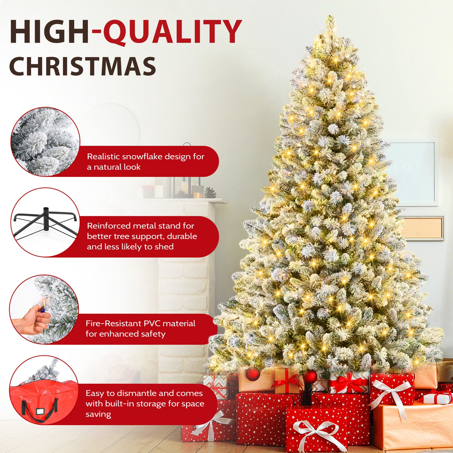 IZNEN 7.5ft Pre-Lit Snowflake Flocked Christmas Tree,8 Modes LED Lights,Artificial Xmas Tree with Storage Bag