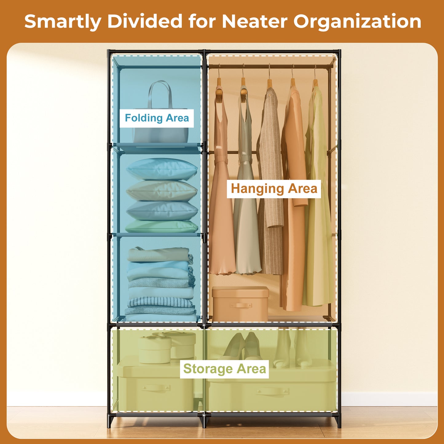 YOUPINS Portable Clothes Organizer with Hanging Rod, Portable Closet Non-Woven Fabric,Black
