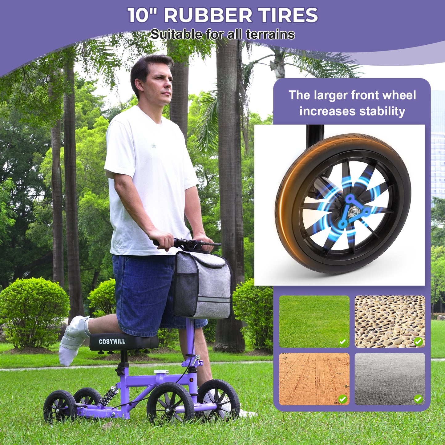 COSYWILL All Terrain Knee Scooter,Knee Walker Scooter for Foot Injuries,Adults Roller Scooter for with 10“ TPU Wheel,Compact Crutches Alternative,Purple