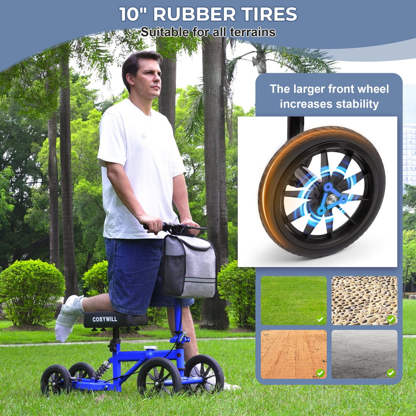 COSYWILL All Terrain Knee Scooter,Knee Walker Scooter for Foot Injuries,Adults Roller Scooter for with 10“ TPU Wheel,Compact Crutches Alternative,Blue