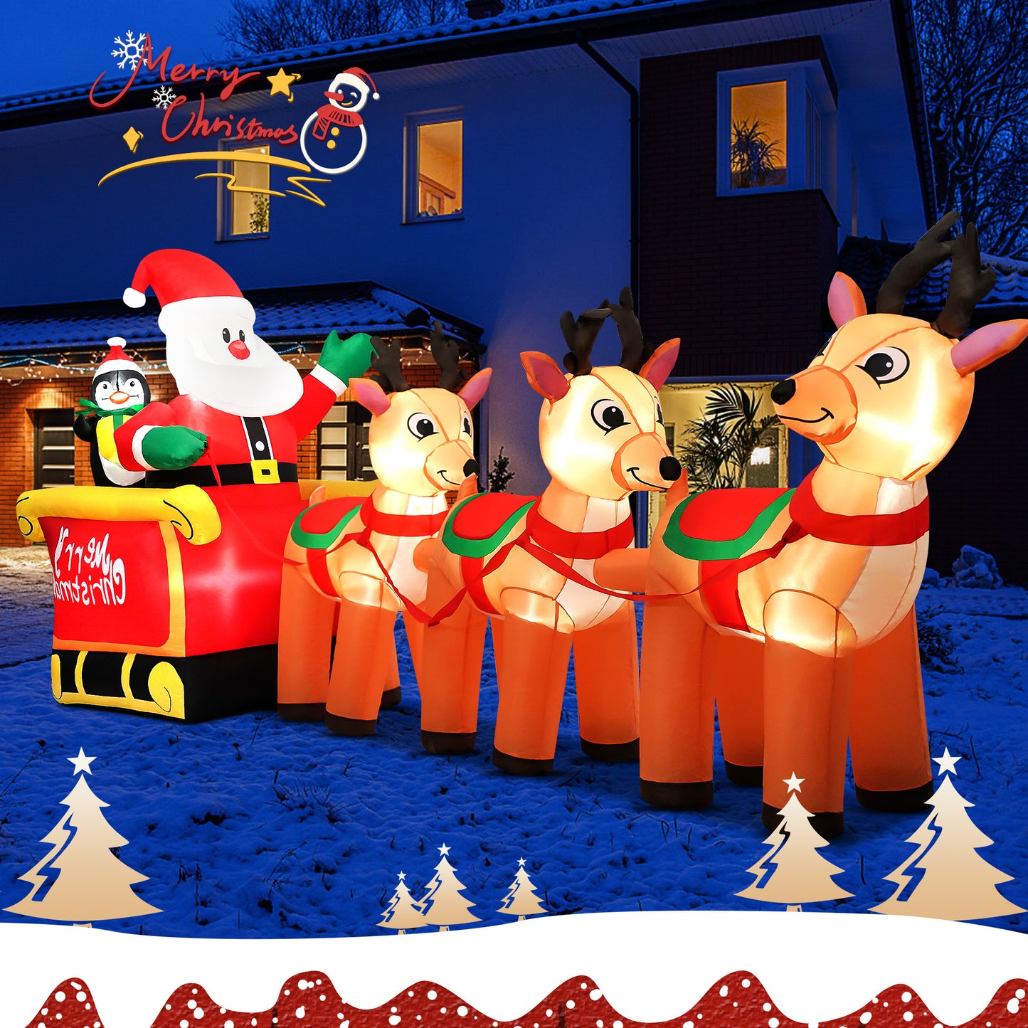 IZNEN 12ft Christmas Inflatable Santa Claus On Sleigh With 3 Reindeer Outdoor Lights Decor for Holiday Decor,Xmas Party,Yard,Garden and Lawn