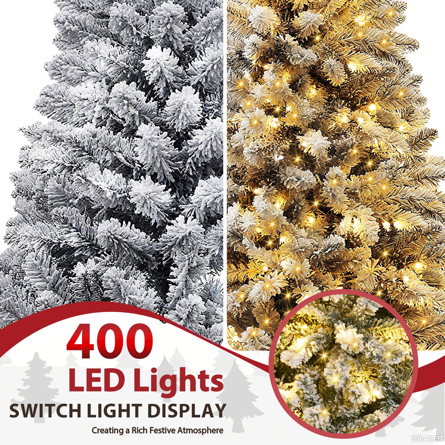 IZNEN 7.5ft Pre-Lit Snowflake Flocked Christmas Tree,8 Modes LED Lights,Artificial Xmas Tree with Storage Bag