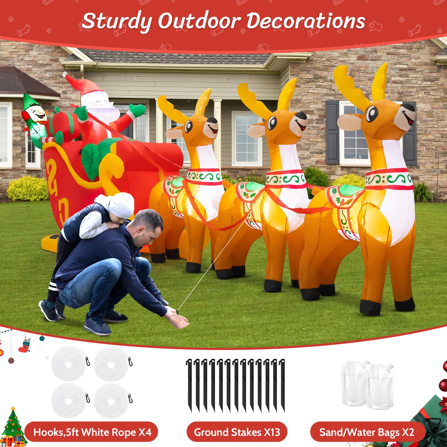 IZNEN 10ft Christmas Inflatable Santa Claus On Sleigh With 3 Reindeer Outdoor Lights Decor for Holiday Decor,Xmas Party,Yard,Garden and Lawn