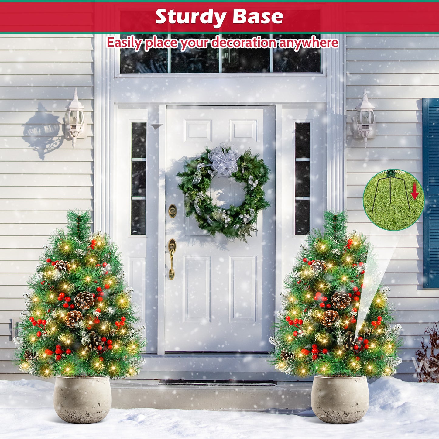 Yexmas 2PCS Small Outdoor Christmas Trees with LED Lights,30" Artificial Xmas Decora for Porch,Yard,Pathway,Garden,PVC+Flocking Pine Needles