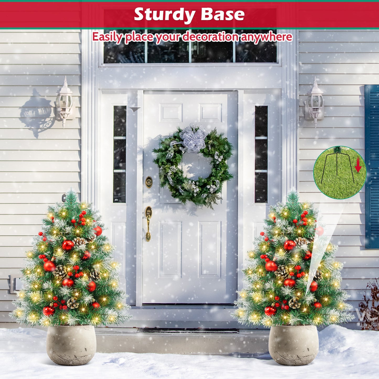 Yexmas 2PCS Small Outdoor Christmas Trees with LED Lights,30" Artificial Xmas Decora for Porch,Yard,Pathway,Garden,PVC