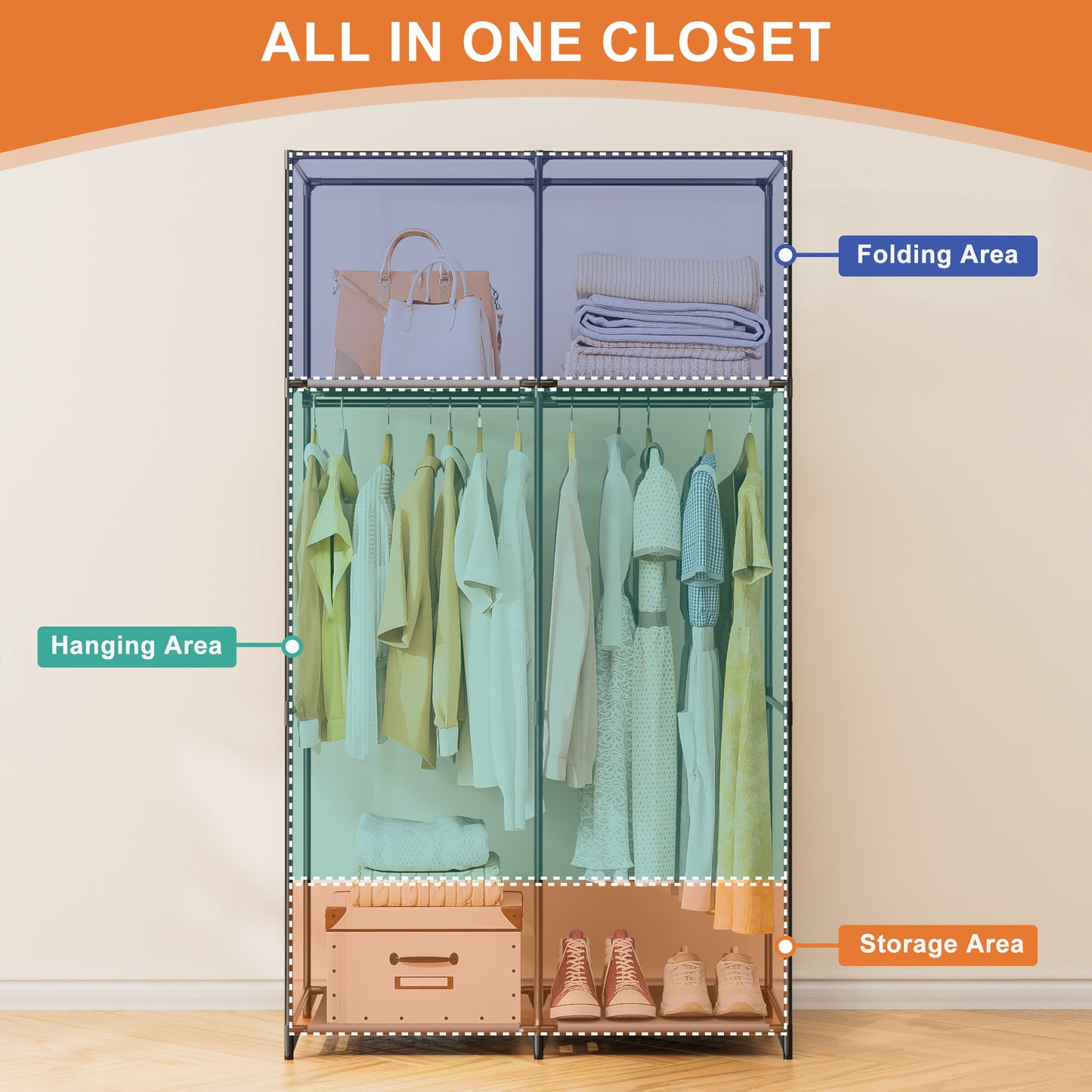 YOUPINS Clothes Organizer with Hanging Rod, Portable Closet with Cover Clothes Rack Sturdy Fabric Wardrobe Organizer,Dark Gary