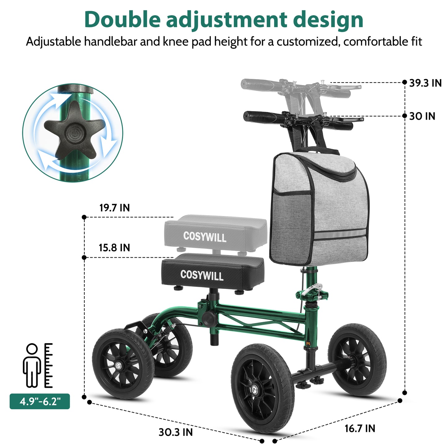 COSYWILL Knee Scooter,Economy Knee Walker with Dual Braking System,Foldable Scooter for Foot Injuries,Compact Crutches Alternative,Green
