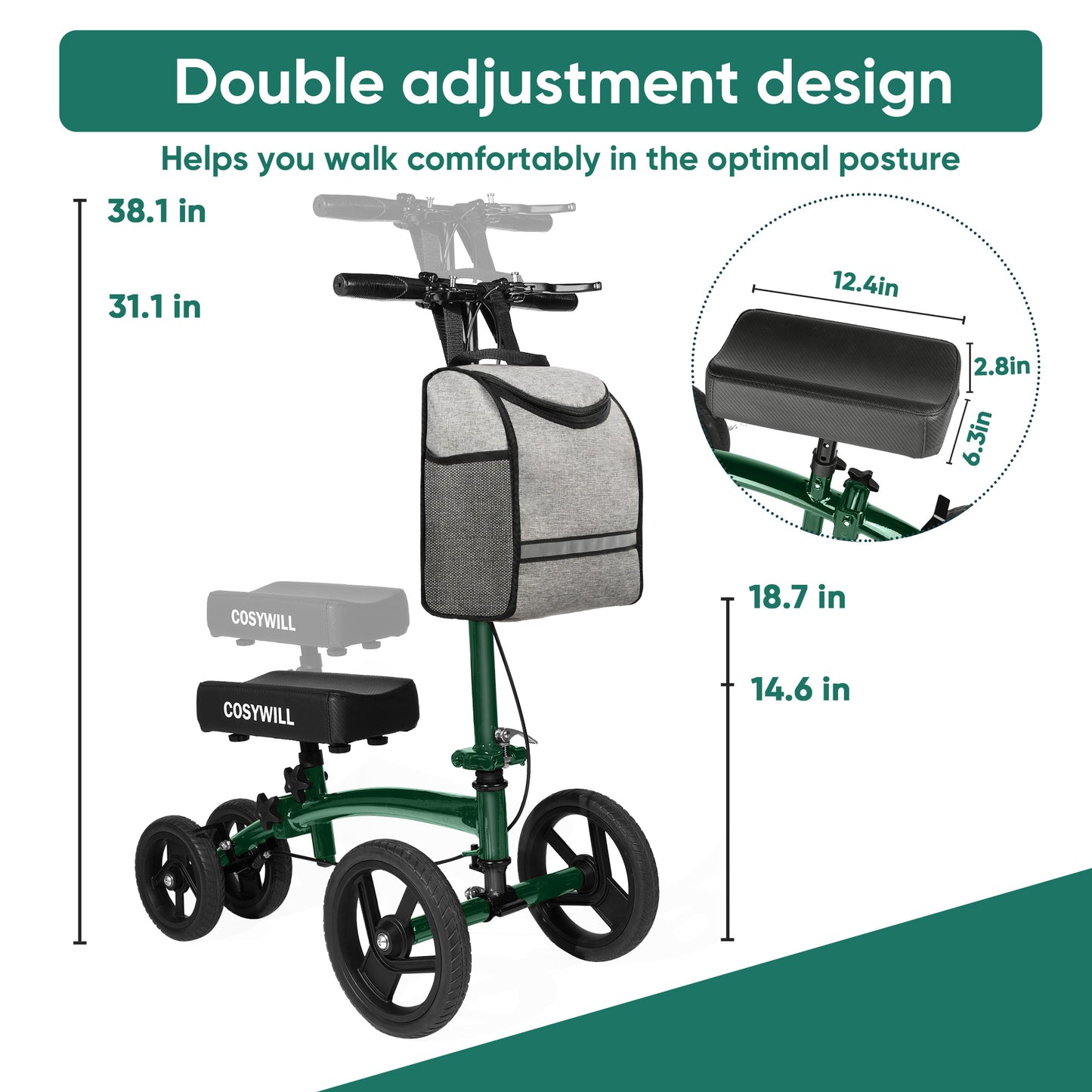 COSYWILL Steerable Knee Scooter,Economy Knee Walker,All Terrain Foldable Medical Scooter for Foot Injuries Crutches Alternative,Green