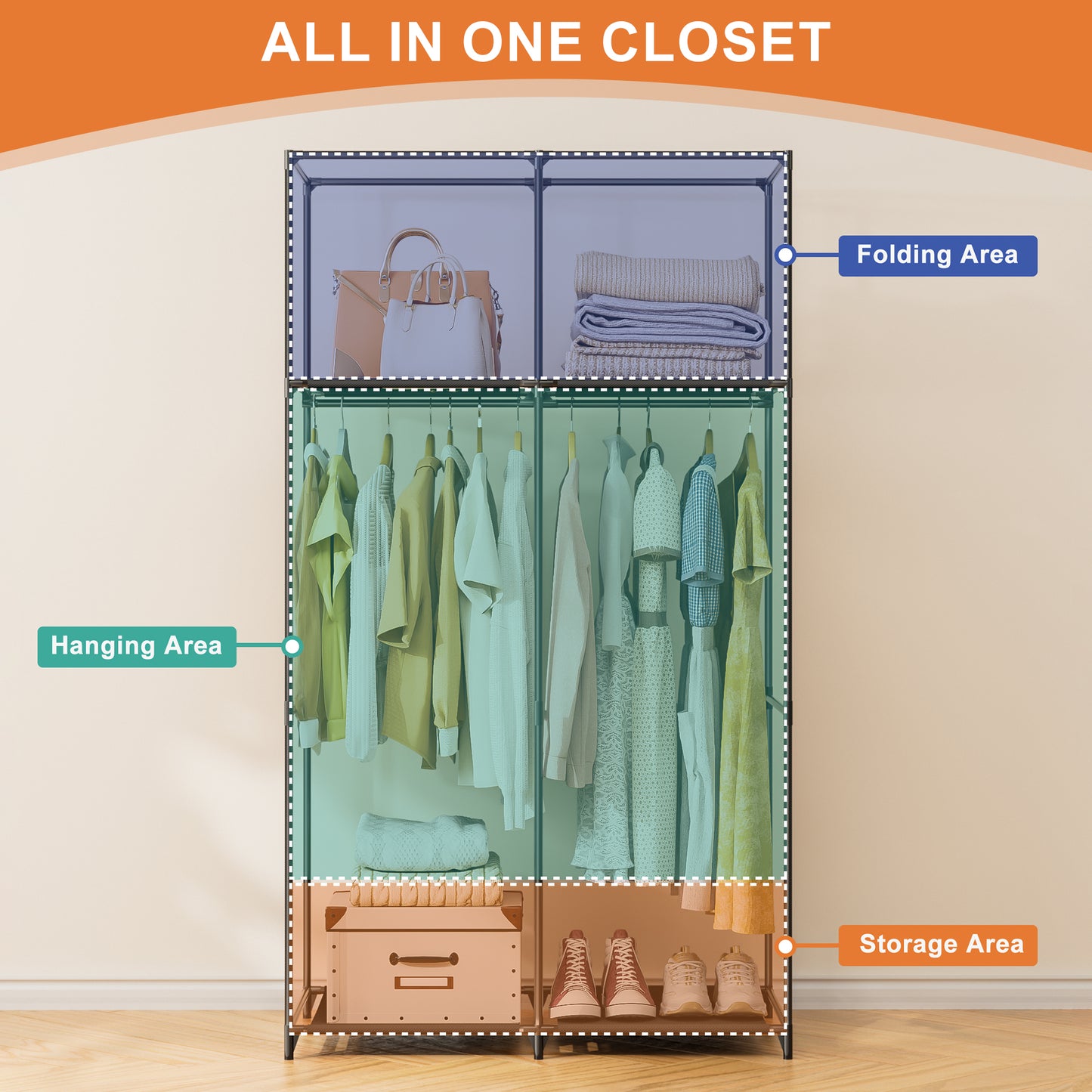 YOUPINS Clothes Organizer with Hanging Rod, Portable Closet with Cover Clothes Rack Sturdy Fabric Wardrobe Organizer,Dark Gary
