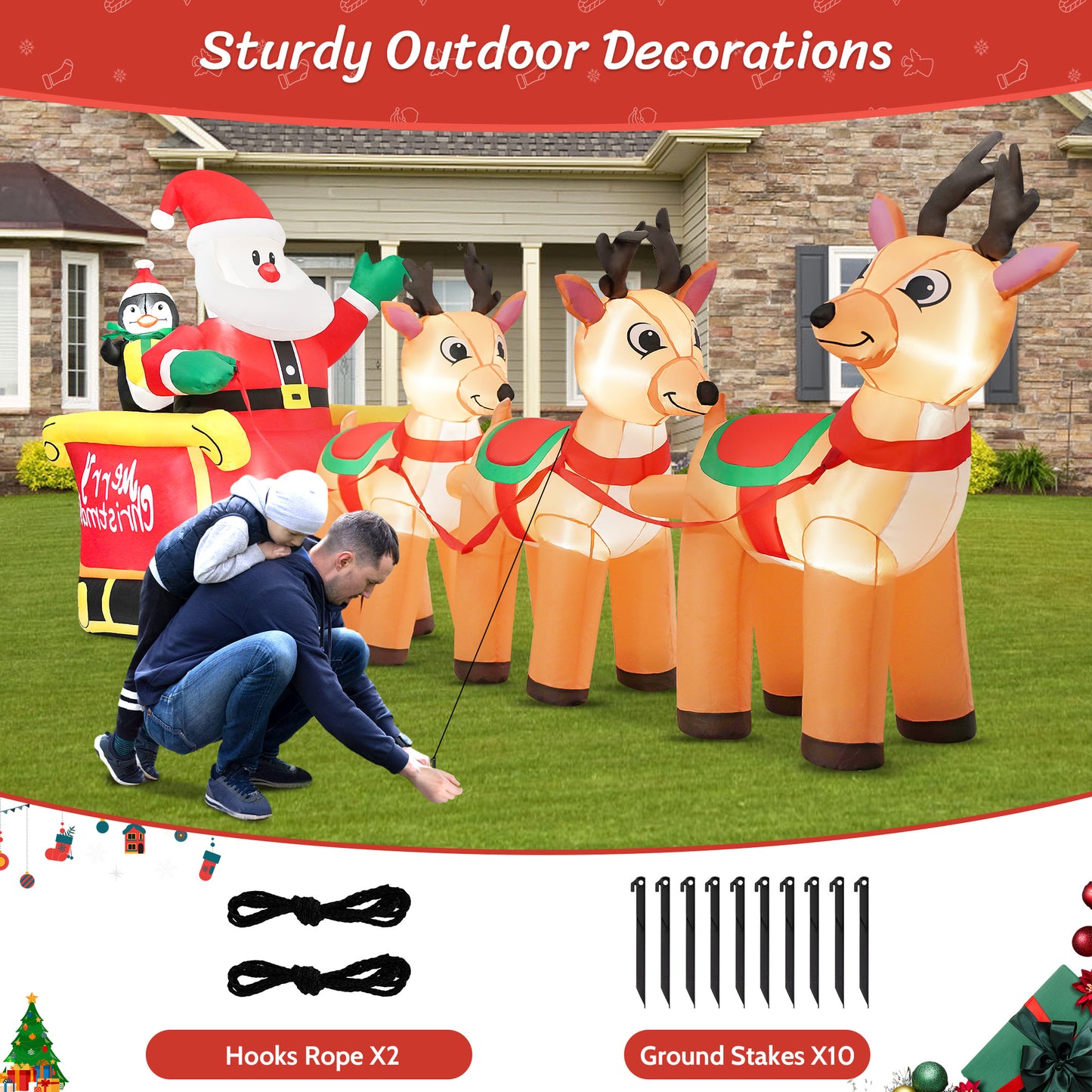 IZNEN 12ft Christmas Inflatable Santa Claus On Sleigh With 3 Reindeer Outdoor Lights Decor for Holiday Decor,Xmas Party,Yard,Garden and Lawn