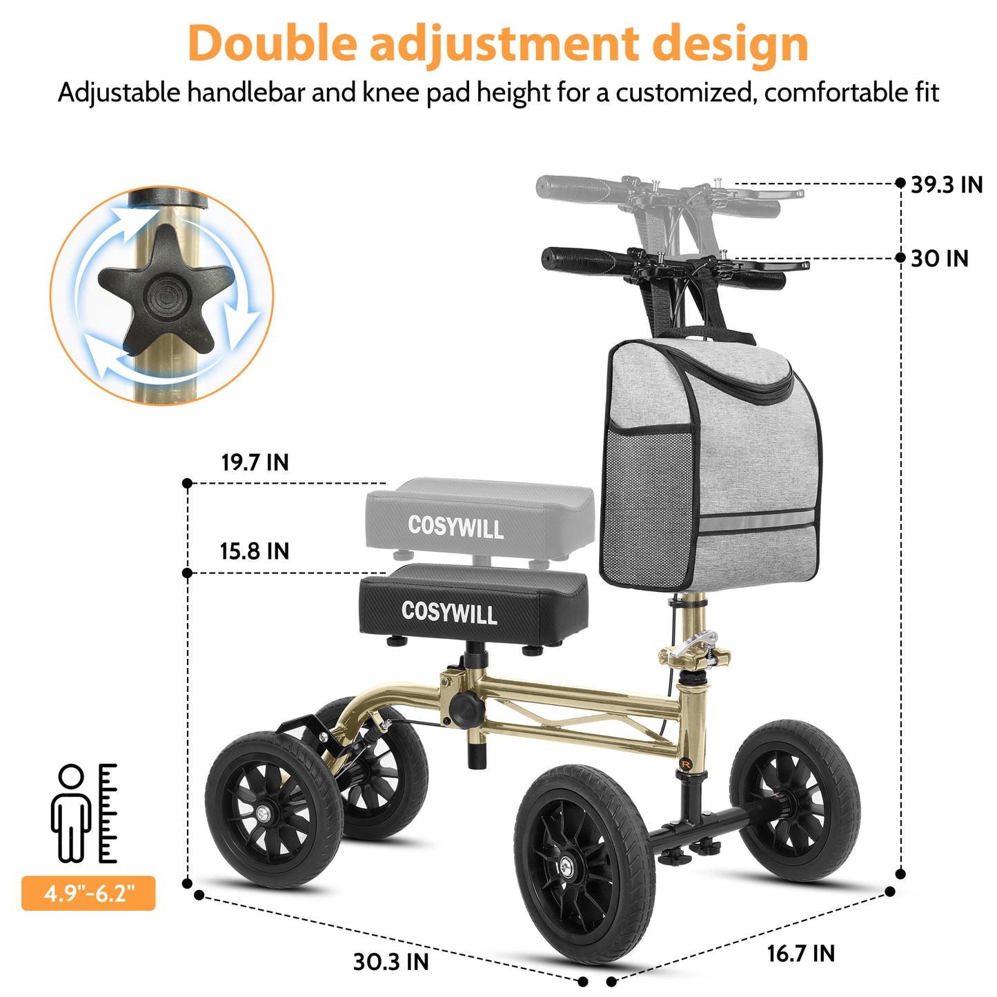 COSYWILL Knee Scooter,Economy Knee Walker with Dual Braking System,Foldable Scooter for Foot Injuries,Compact Crutches Alternative,Champagne Gold