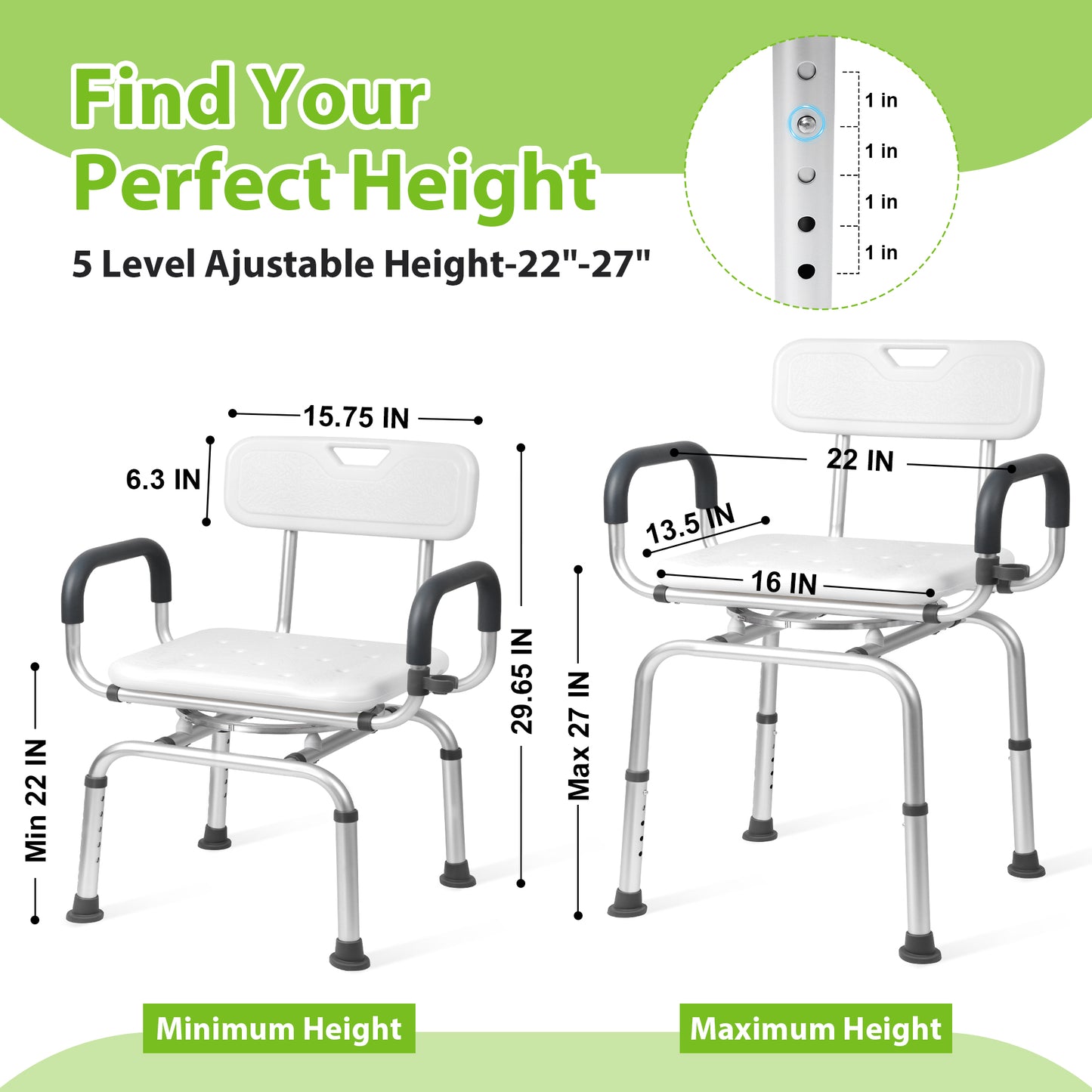 COSYWILL 360° Swivel Shower Chair,Adjustable Shower Stool for Inside Shower with Back and Arms,Heavy Duty Shower Bench for Elderly Disabled Adults,White