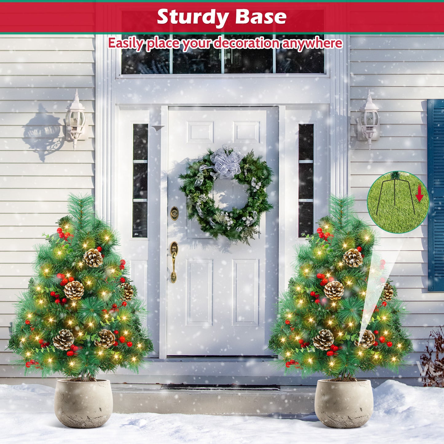 Yexmas 2PCS Small Outdoor Christmas Trees with LED Lights,30" Artificial Xmas Decora for Porch,Yard,Pathway,Garden,PVC+PE+Pine Needles