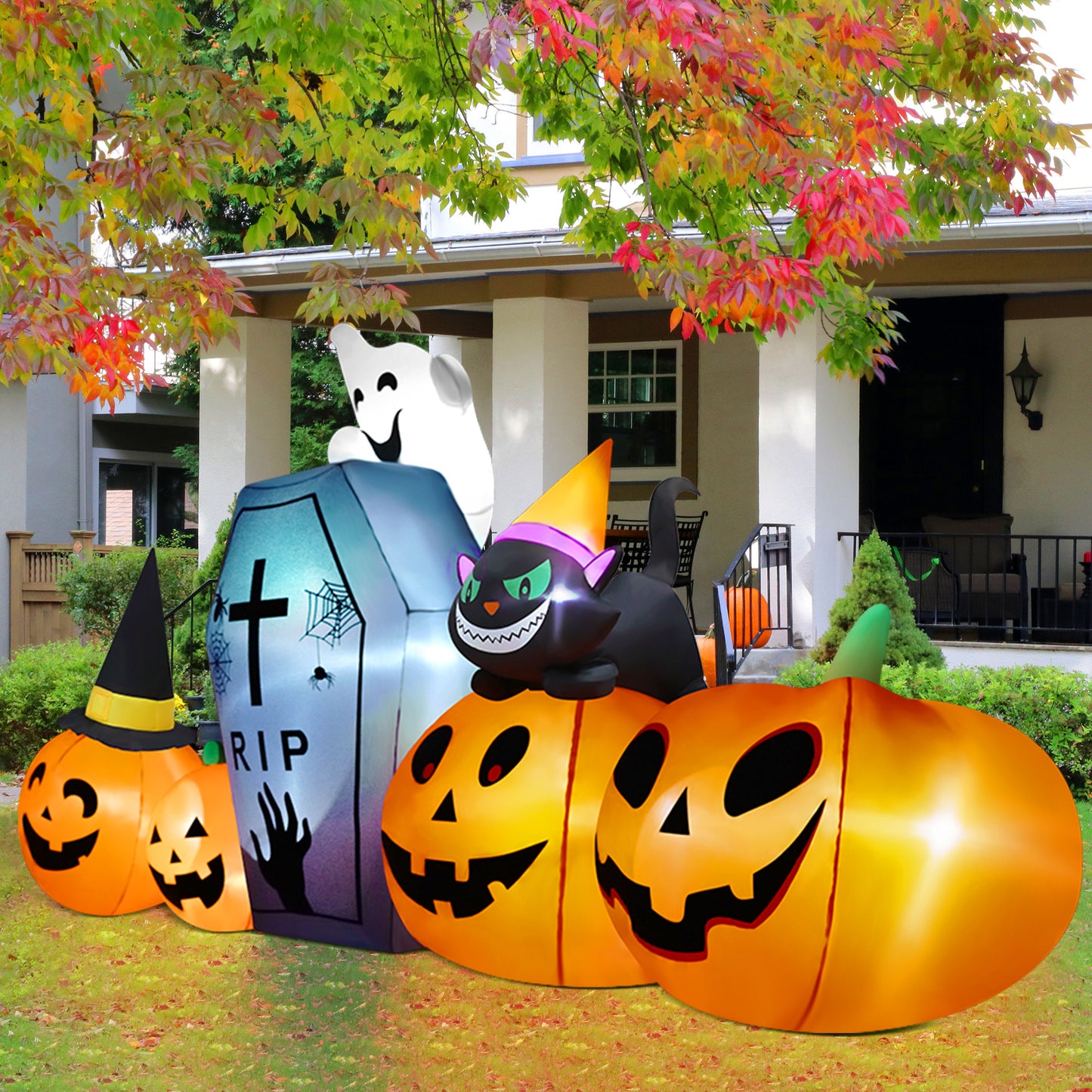 IZNEN 9.5ft Halloween Inflatable Pumpkins Outdoor Decor with Black Cat Tombstone and Spectre,Built-in LED Lights,for Halloween Party,Yard,Garden,Lawn