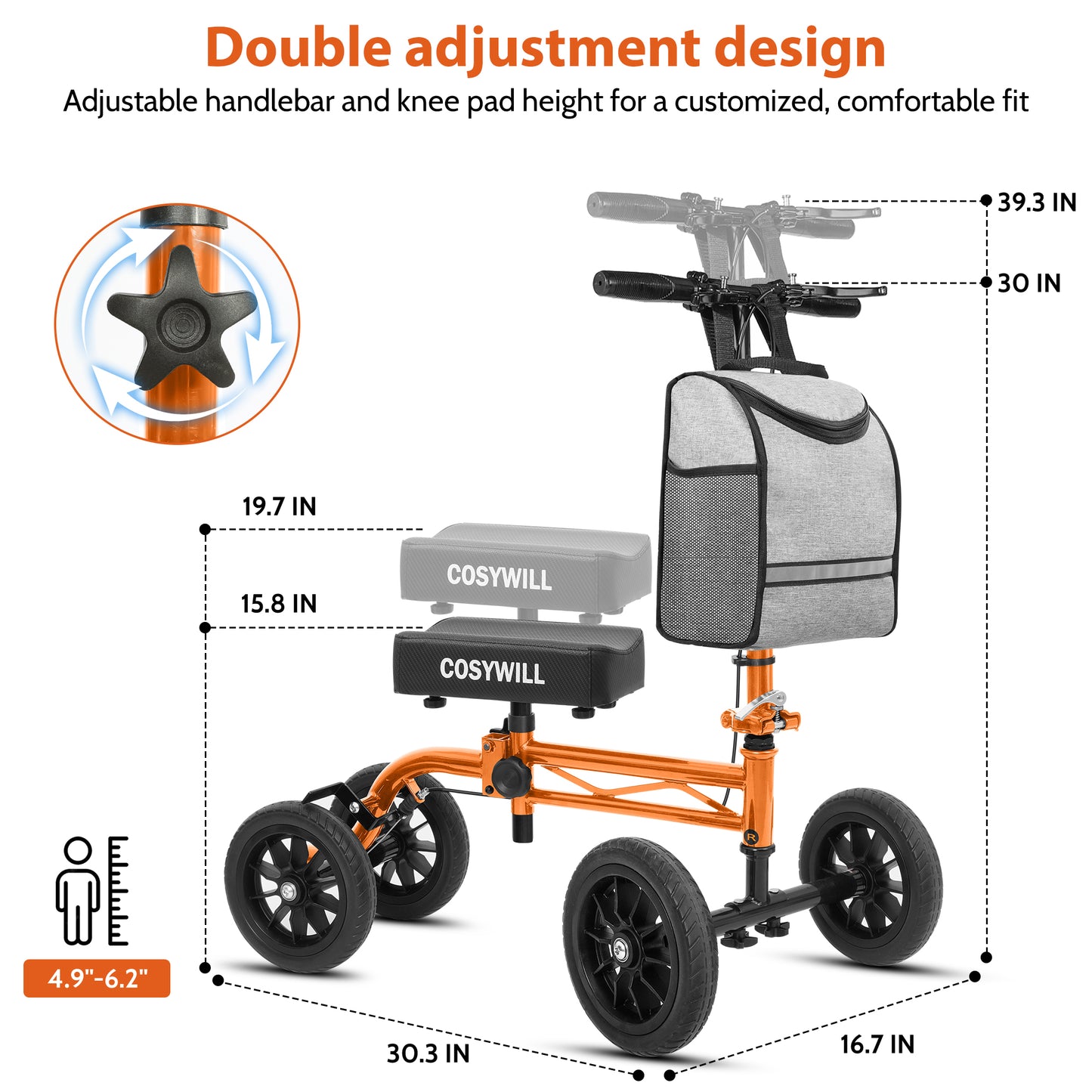 COSYWILL Knee Scooter,Economy Knee Walker with Dual Braking System,Foldable Scooter for Foot Injuries,Compact Crutches Alternative,Orange