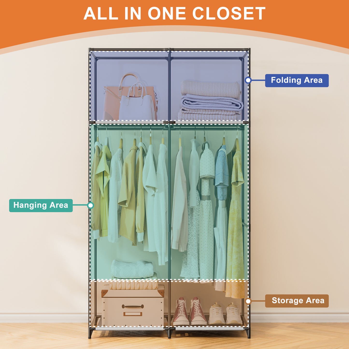 YOUPINS Clothes Organizer with Hanging Rod, Portable Closet with Cover Clothes Rack Sturdy Fabric Wardrobe Organizer,Dark Gary