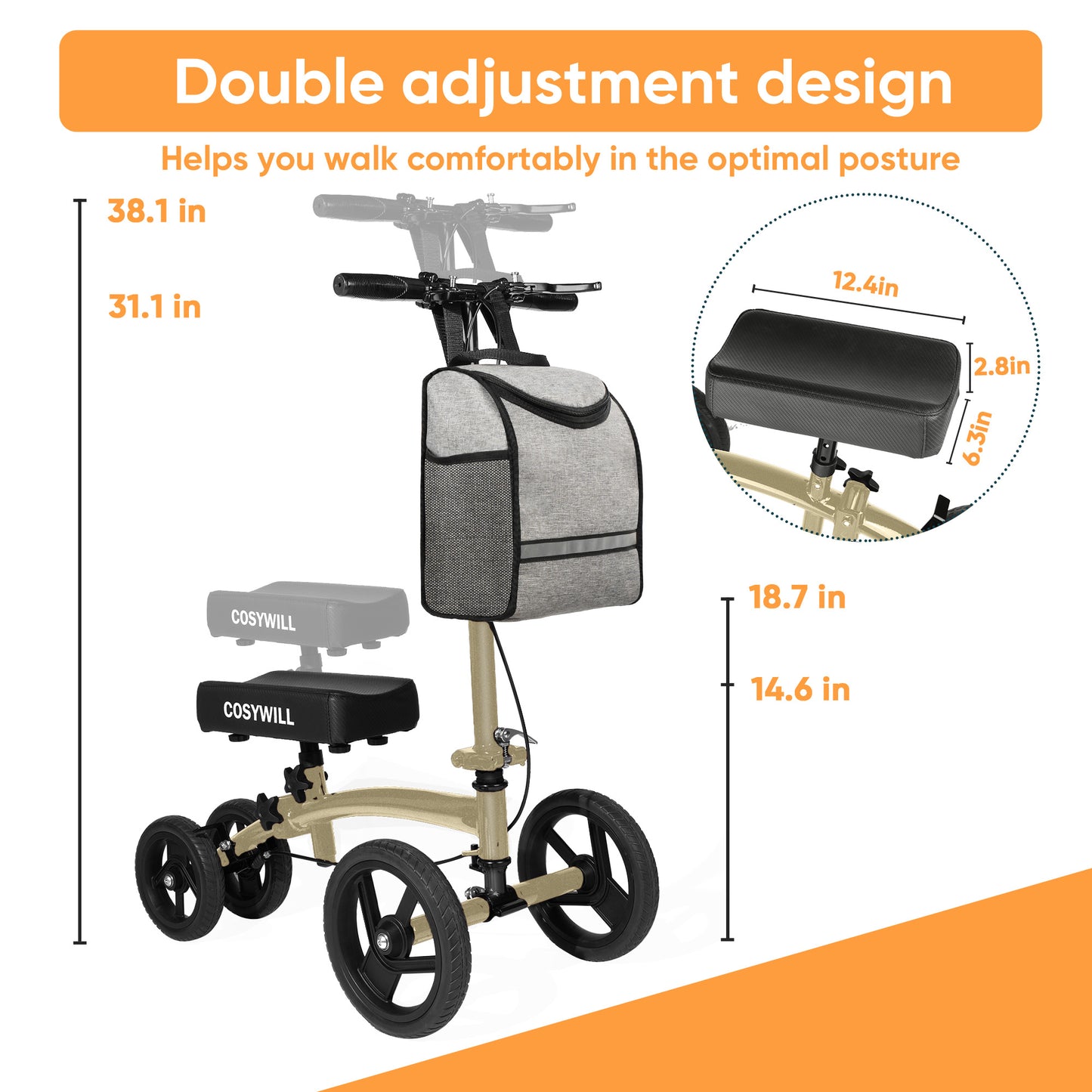 COSYWILL Steerable Knee Scooter,Economy Knee Walker,All Terrain Foldable Medical Scooter for Foot Injuries Crutches Alternative,Champagne Gold