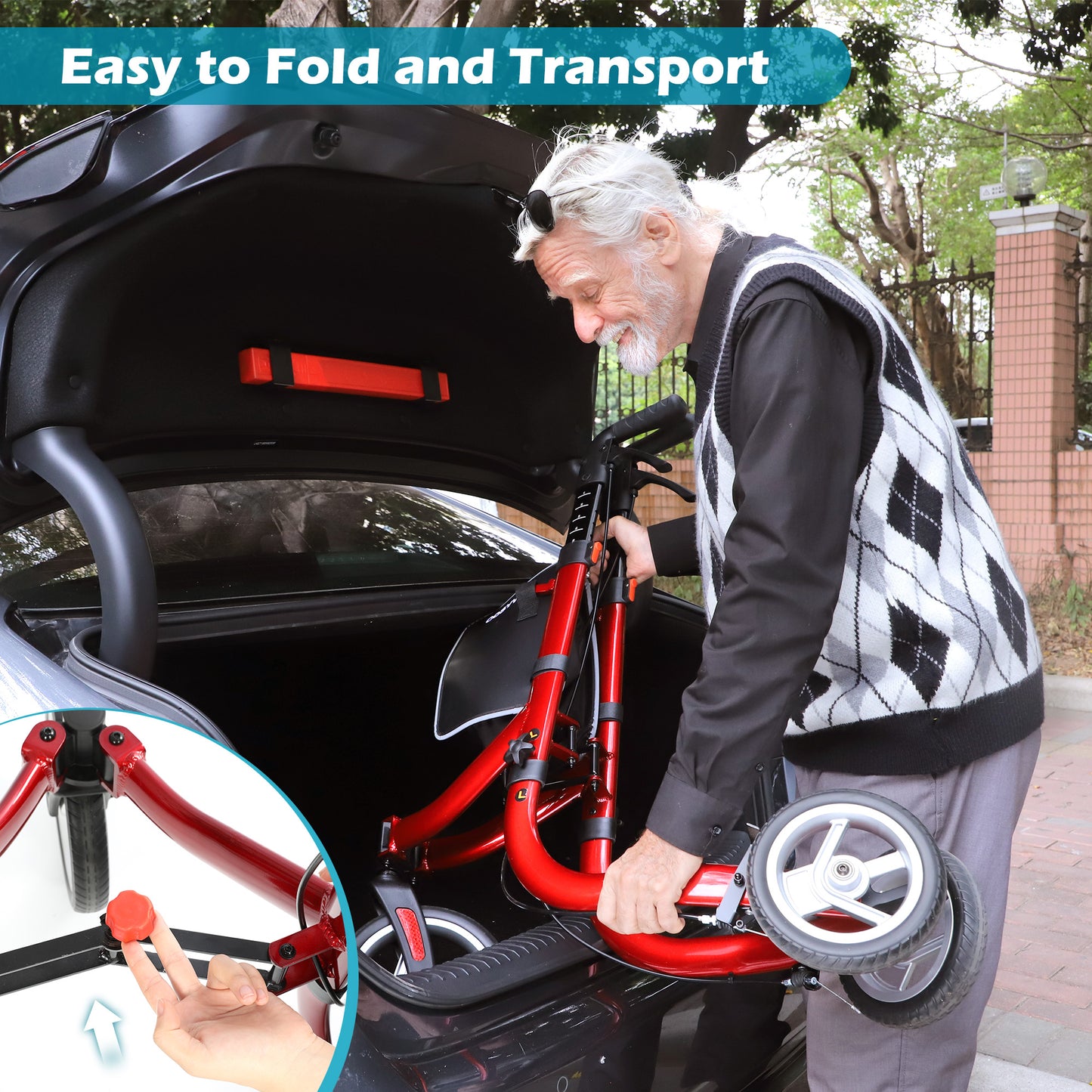 COSYWILL 3 Wheel Rollator Walkers for Seniors,Ultra Lightweight Foldable Walker for Elderly with Storage Bag, 10" Three Wheel Modern Mobility Walking Aid Aluminum,Red